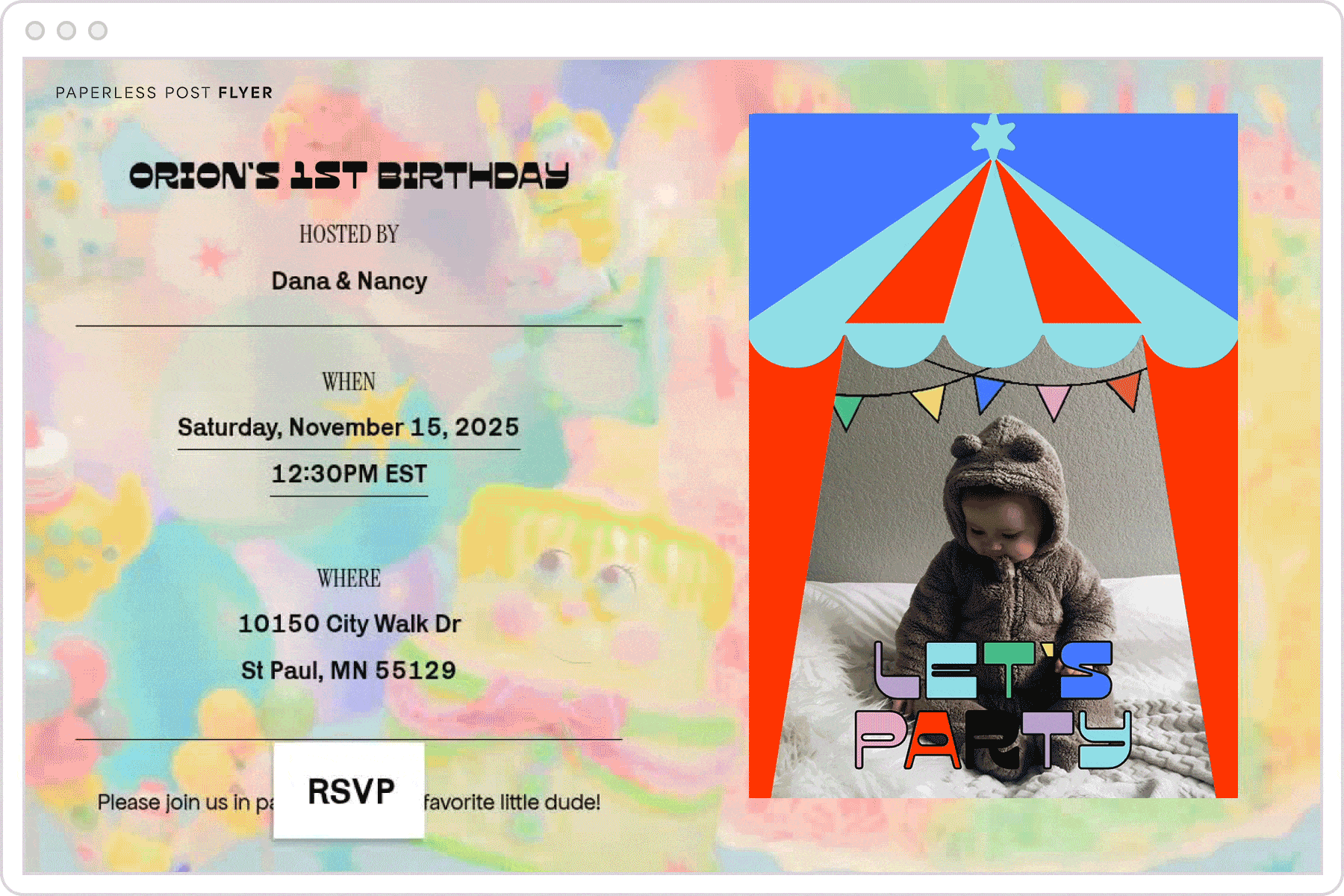 A Flyer event page with a photo of a baby sitting under a circus tent with the words ‘Let’s party’ in multicolored letters sits on a backdrop of carnival-themed details.