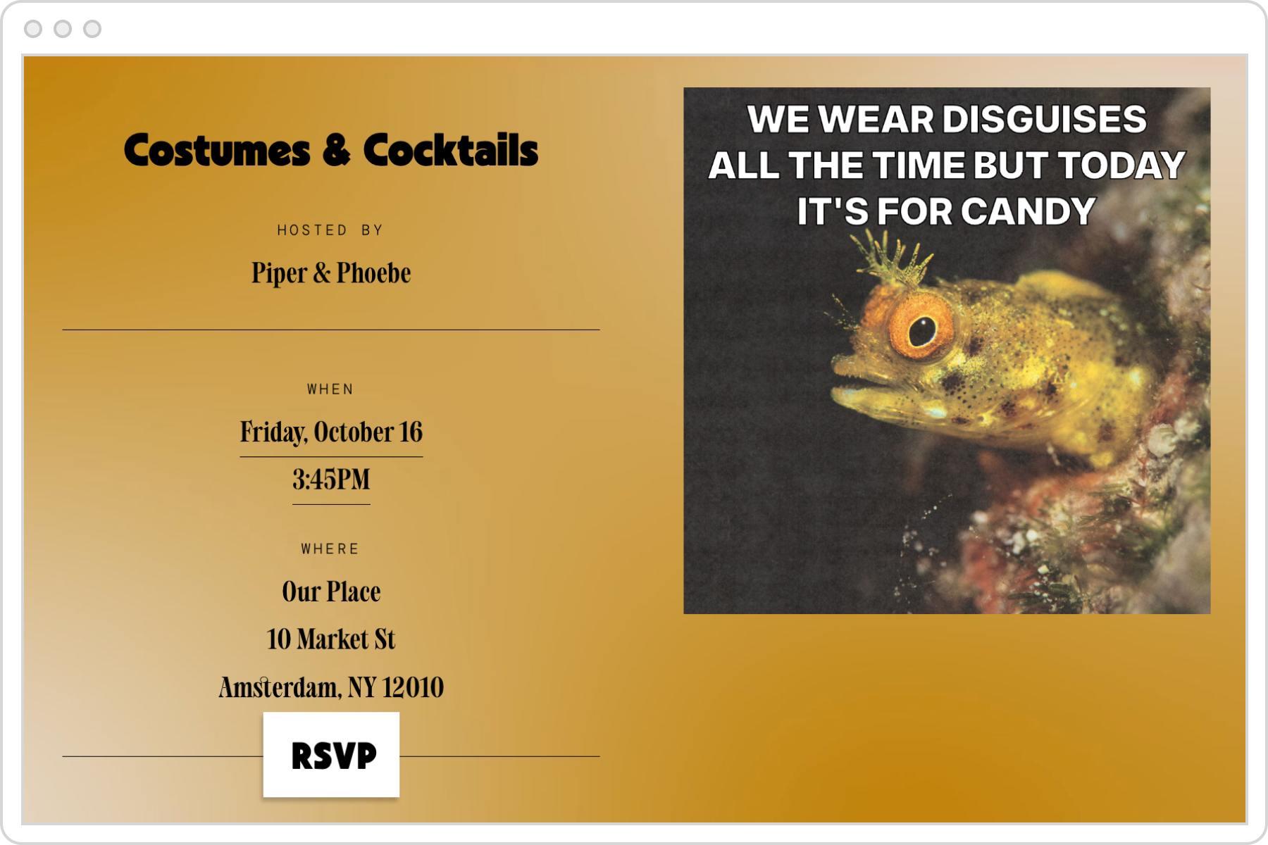 A Paperless Post event page on a golden yellow background with a Flyer invite featuring a photo of a spotted yellow fish peeking out of a coral reef and text reading ‘We wear disguises all the time but today it’s for candy’, beside the event details.