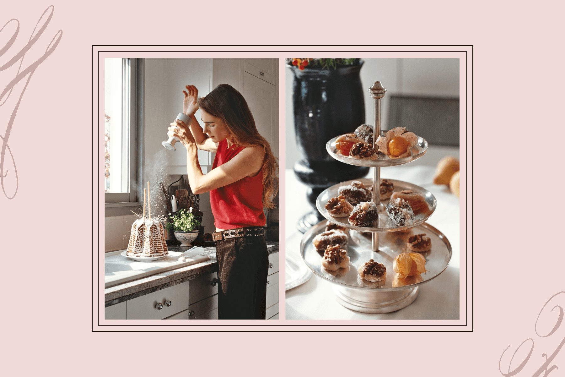 Left: Laszlo Marie Badet in a kitchen, pouring powdered sugar onto an iced baked good. Right: A three-tiered serving tray of various desserts.