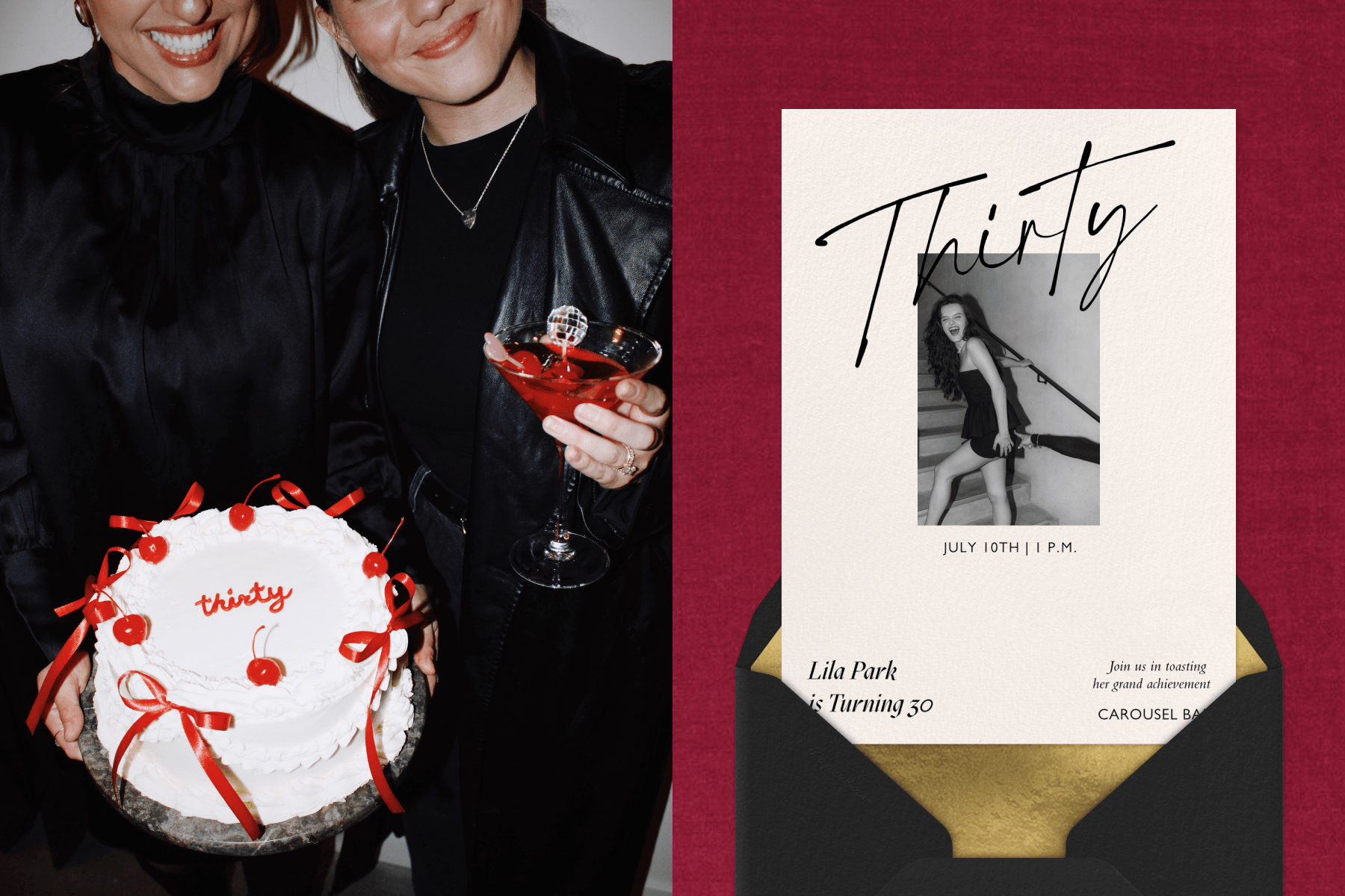 Left: Two people, one holding a 30th birthday cherry-themed cake and the other holding a red martini glass. Right: A 30th birthday invitation sits above a black envelope with a gold interior against a textured crimson backdrop.