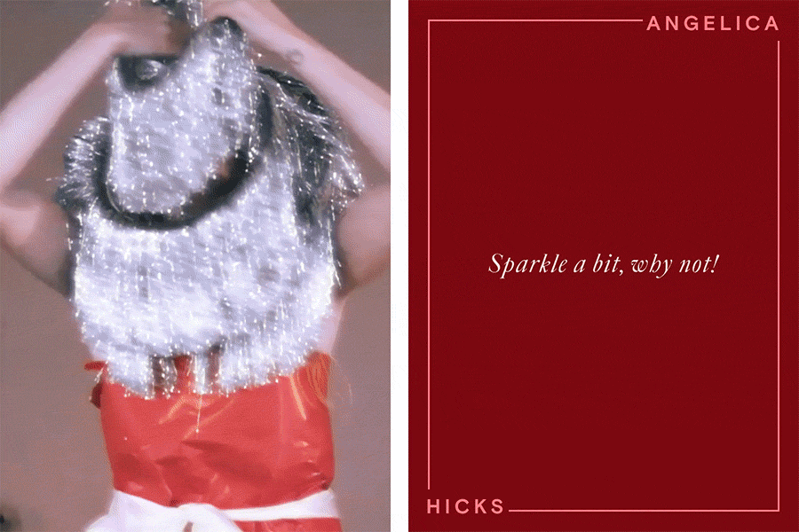 LEFT: An animation of Angelica Hicks putting a silver tinsel hanging decoration over her head while wearing a dress made out of wrapping paper. RIGHT: White cursive text reading ‘Sparkle a bit, why not!’ over a dark red background, along with a surrounding border with text reading ‘Angelica Hicks’.