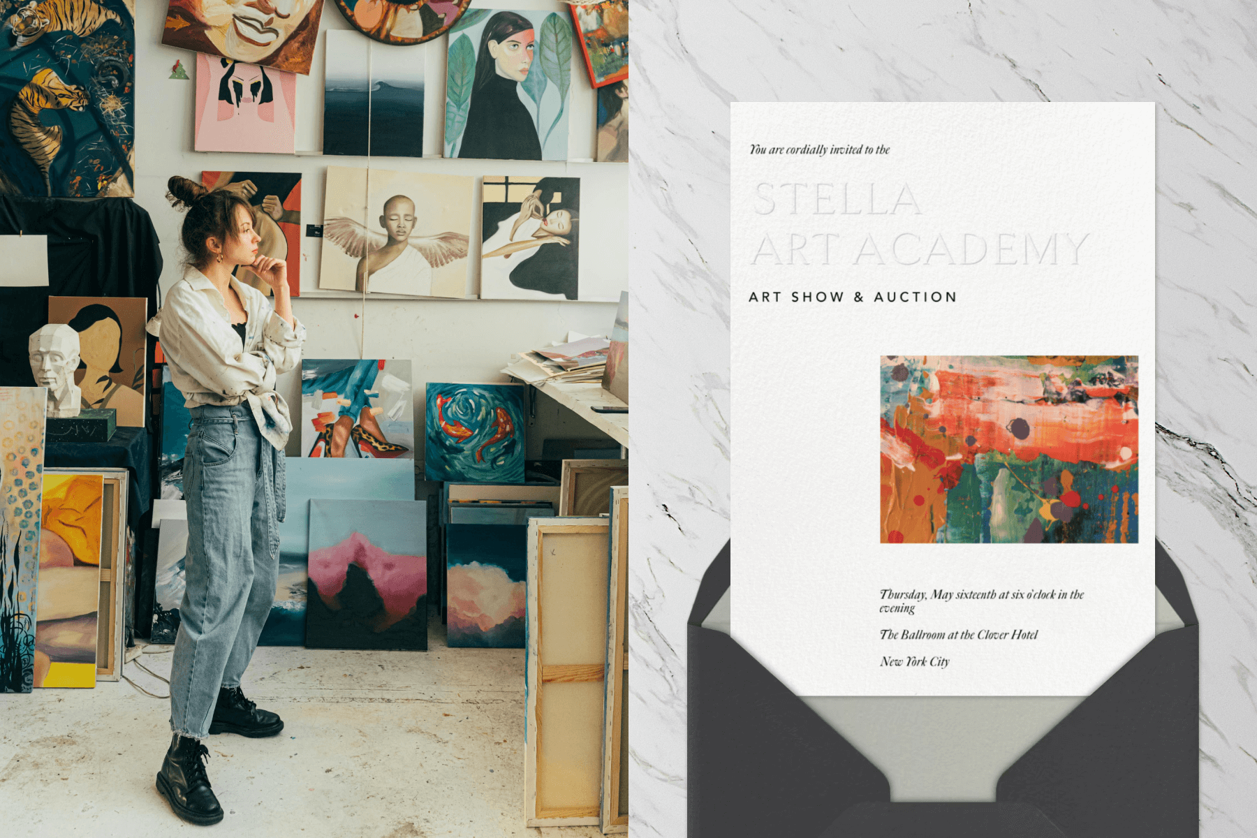 A young woman standing in an art studio with paintings on the wall on floor; An invitation for an art show and auction with abstract art featured in the design.