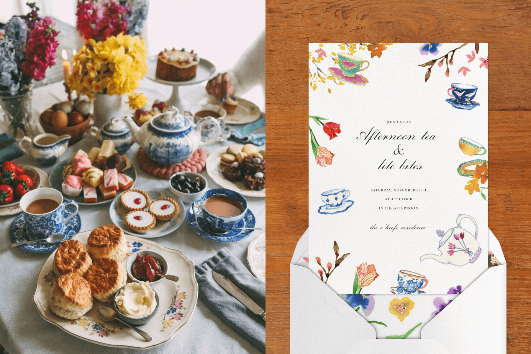 Blue teacups and pots an an assortment of flowers and tea time snacks; an invitation with teacups and flowers around the border
