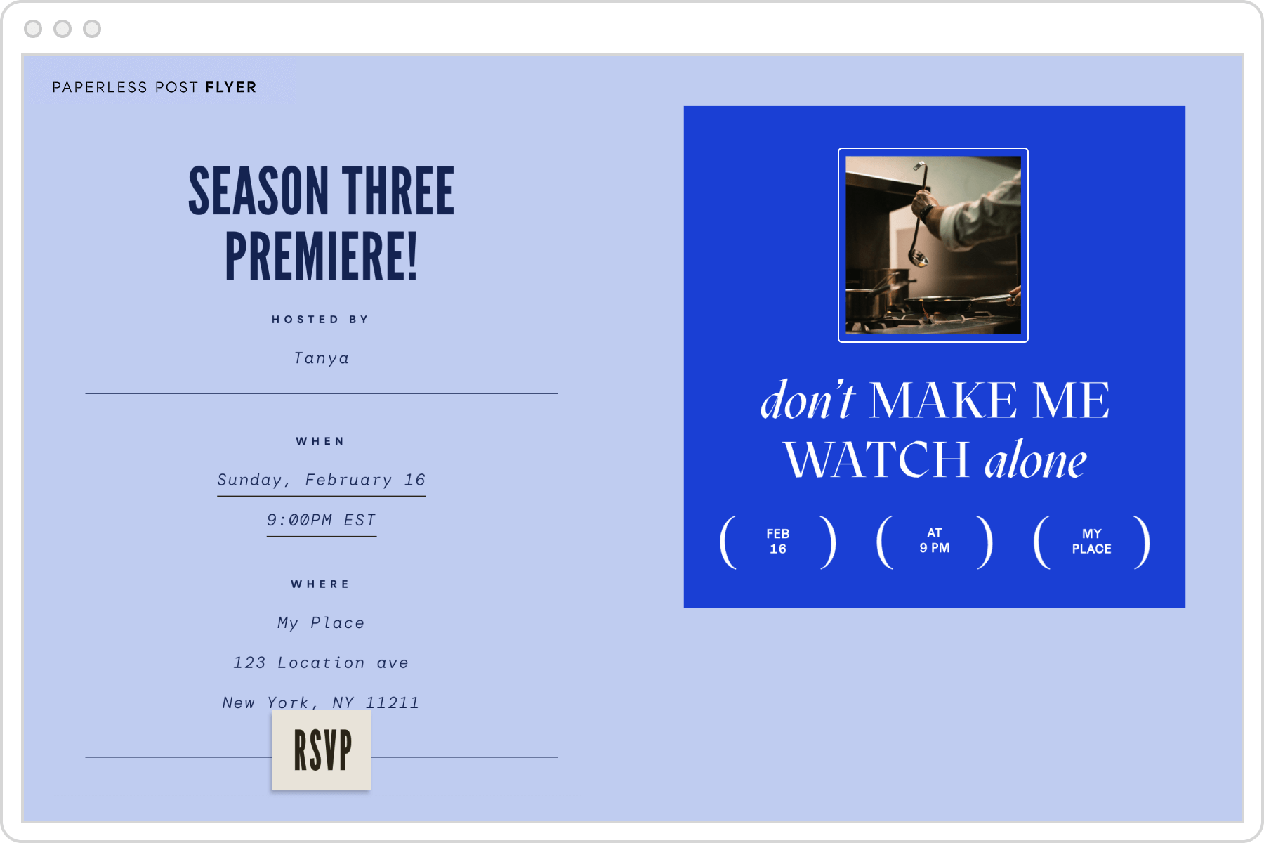 A digital invitation page for a movie watch party featuring a light blue background and a graphic of an image from a show with text overlay that reads ‘don’t make me watch alone.’