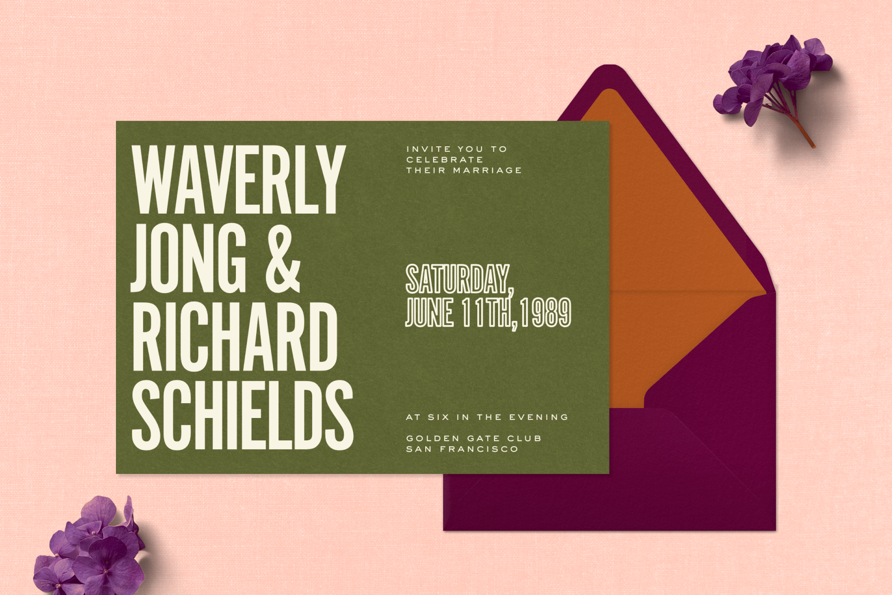 A peach background with purple floral accents plus a wedding invitation featuring a moss green background and modern cream text paired with a purple envelope and rust orange envelope liner.