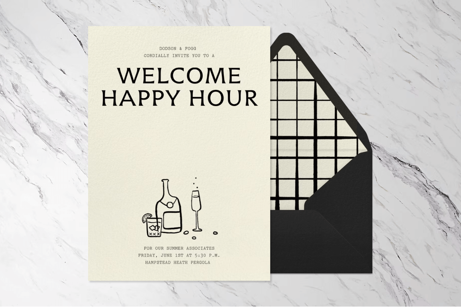 An off-white welcome happy hour invitation with small illustrations of drinks, next to a black envelope, over a marbled white background.