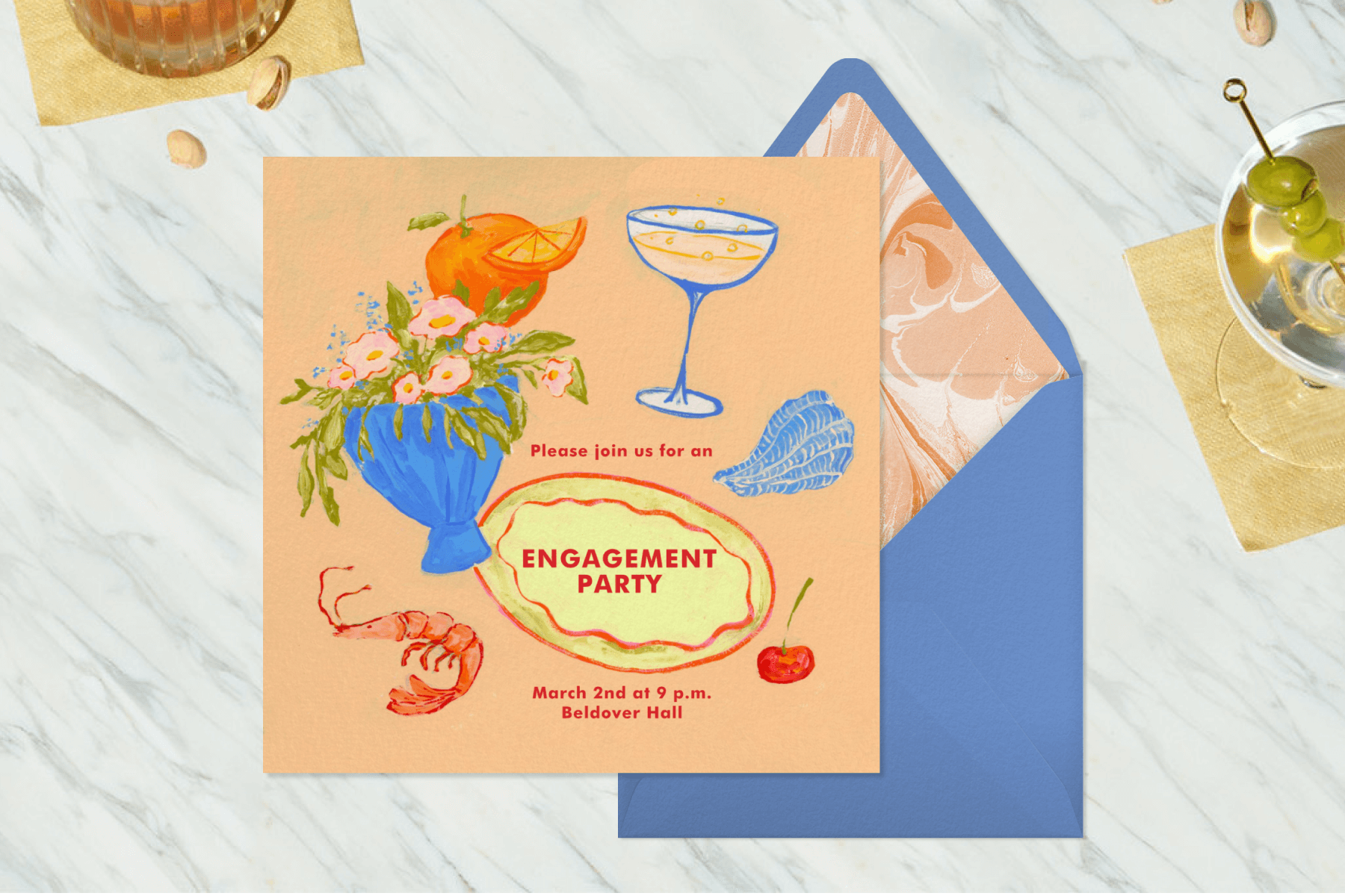An engagement party invitation featuring illustrations of a flower arrangement, cocktail, and food platter paired with a blue envelope and orange patterned liner.