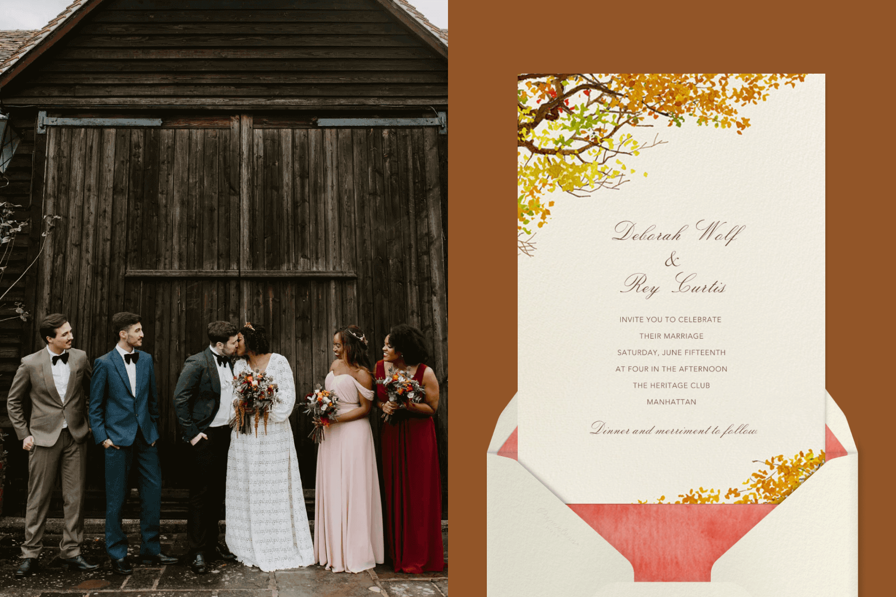 Left: A man and woman kiss in front of a barn while their wedding party members look on. Right: A wedding invitation with autumnal leaves on a tree branch in the upper left corner.