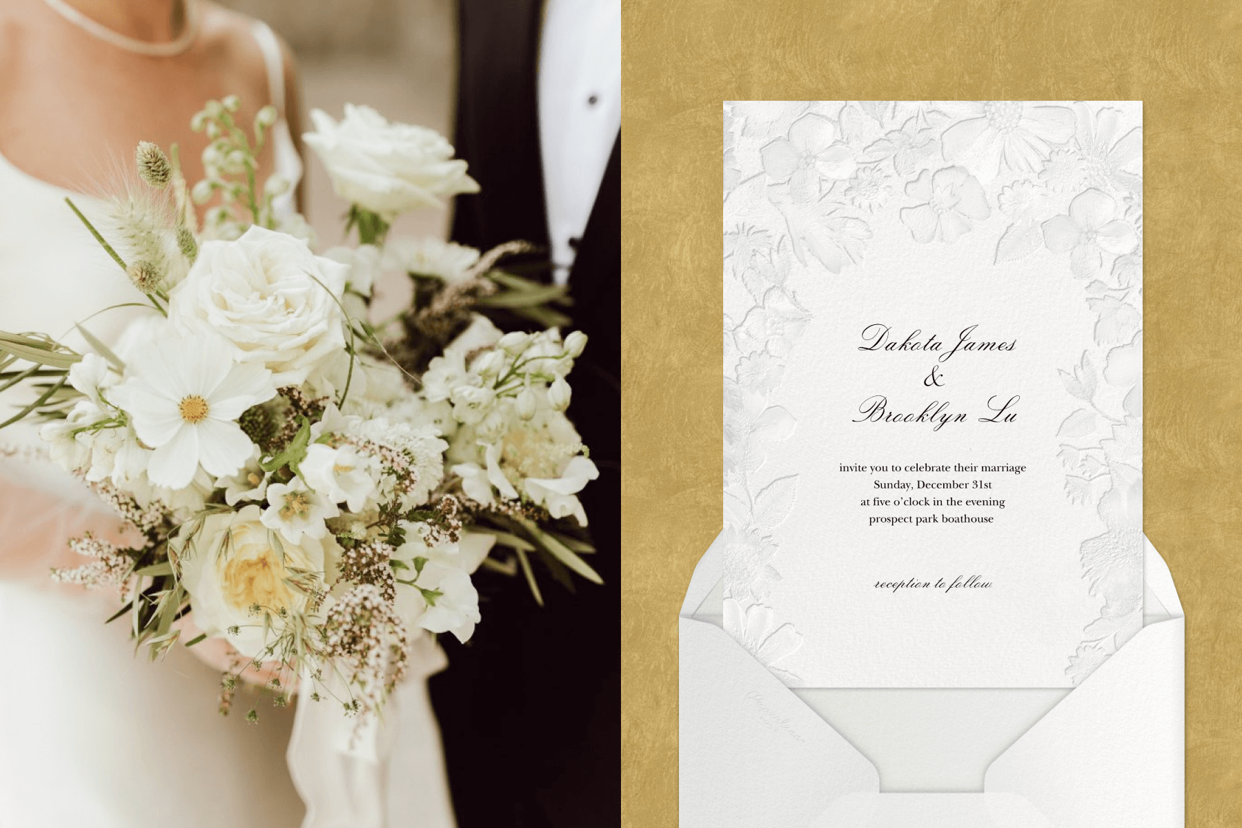 Left: A close-up of an all-white wedding bouquet; Right: A white floral embossed wedding invitation on a gold background.