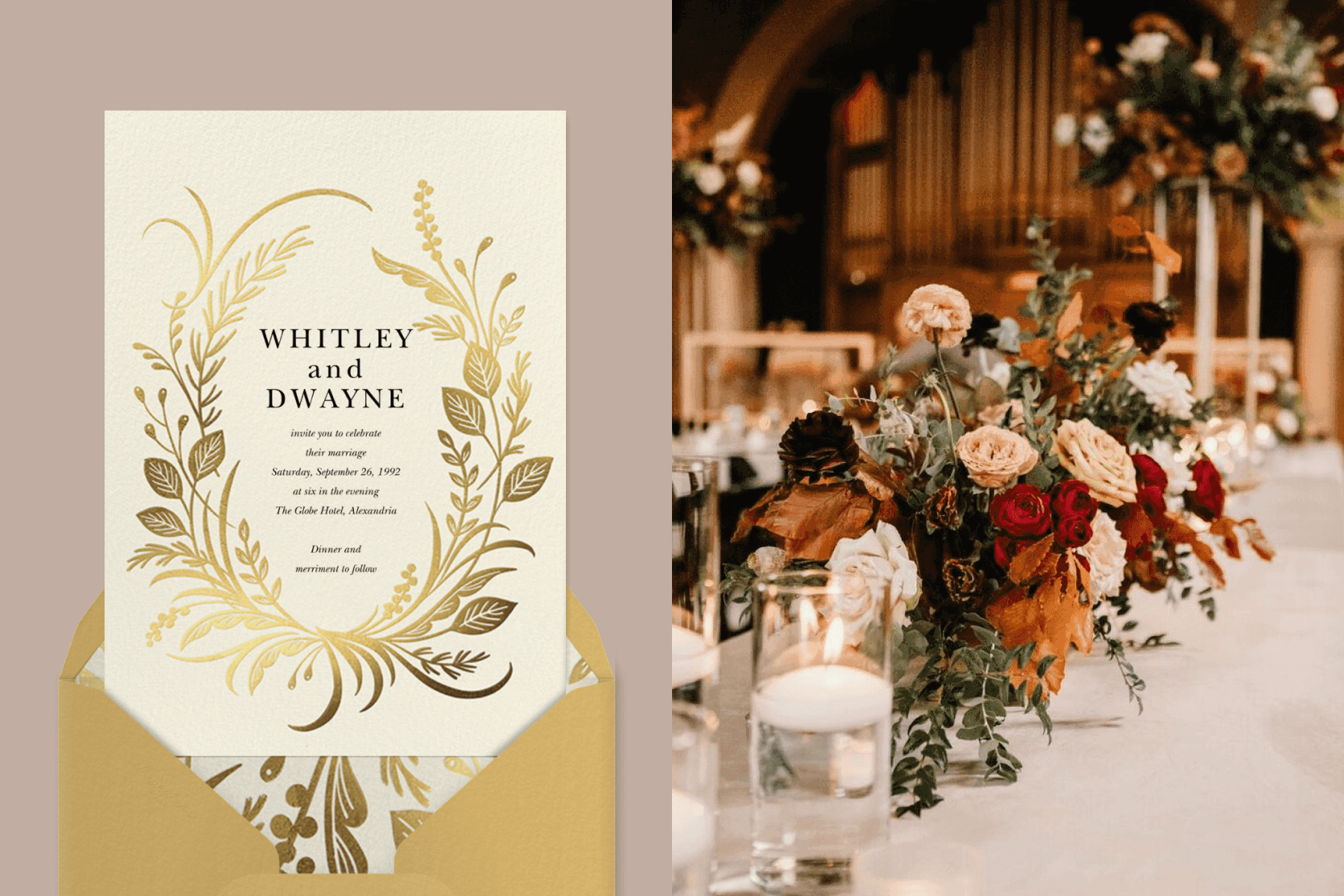 Left: A wedding invitation with a gold foil wreath of leaves and grasses. Right: An autumnal floral table centerpiece.
