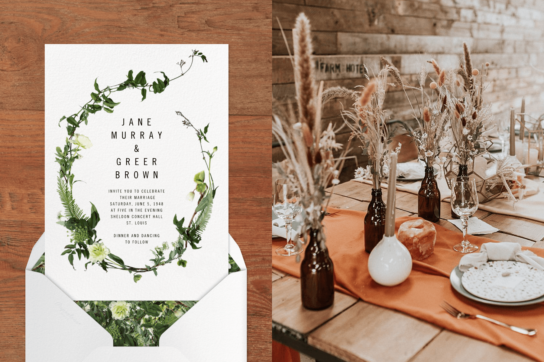 Left: A wedding invitation with a green floral illustration; Right: A rustic wedding table with dried floral and orange accents.