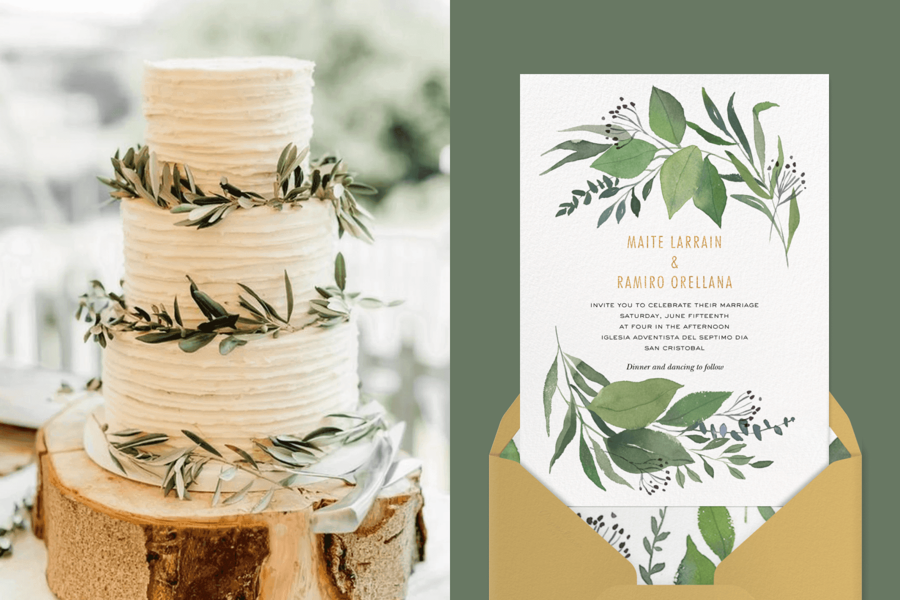 Left: A white three-tiered wedding cake decorated with olive branches. Right: A wedding invitation with green watercolor leaves.