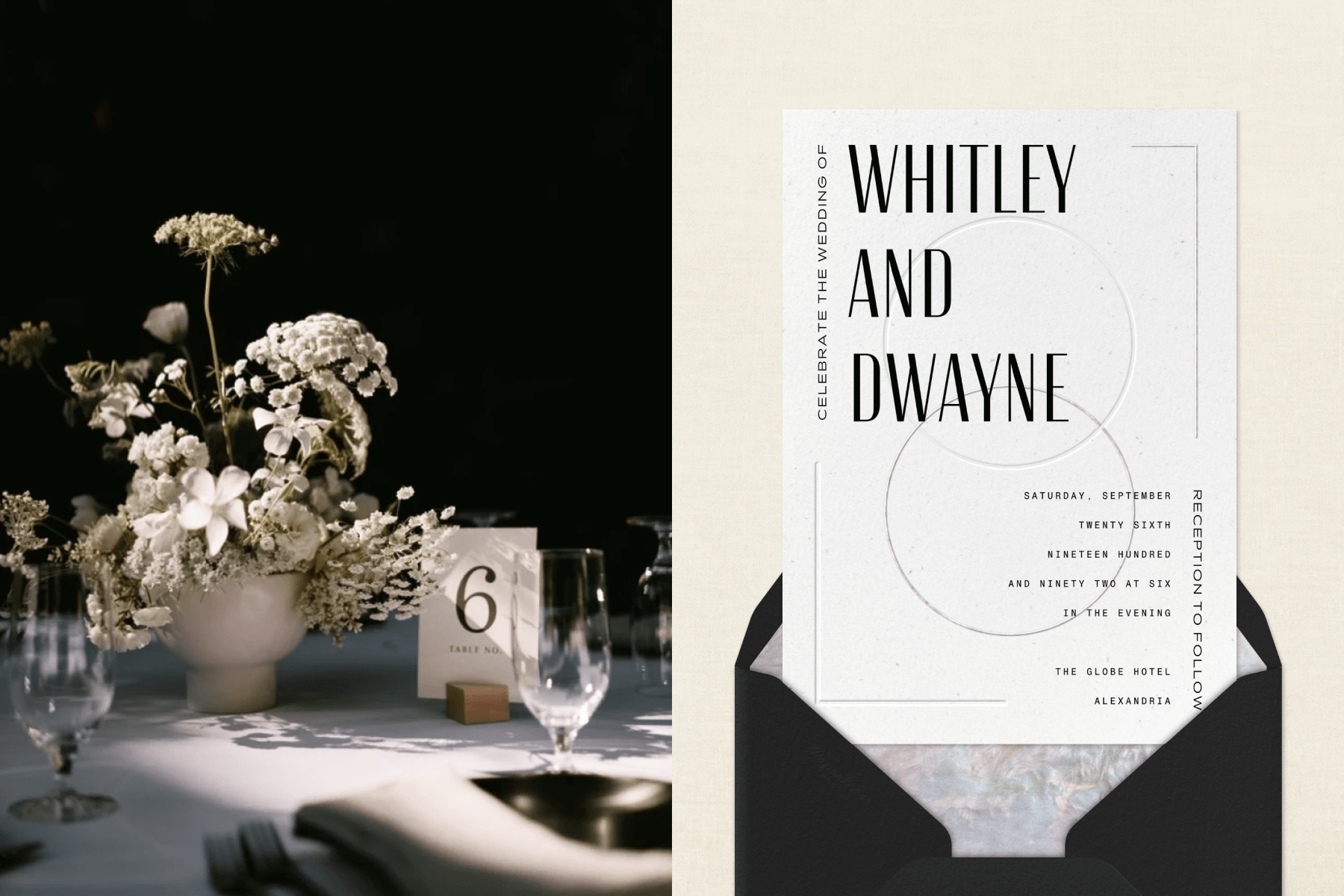 Left: A wedding table with all-white décor.; Right: A white and black typographic wedding invitation.