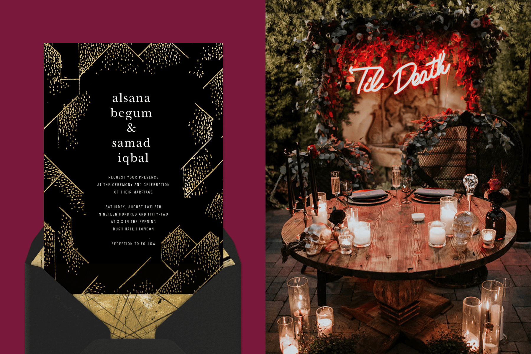 Left: A black and gold geometric wedding invitation; Right: A moody fall wedding table with a neon sign that reads “‘Til Death.”