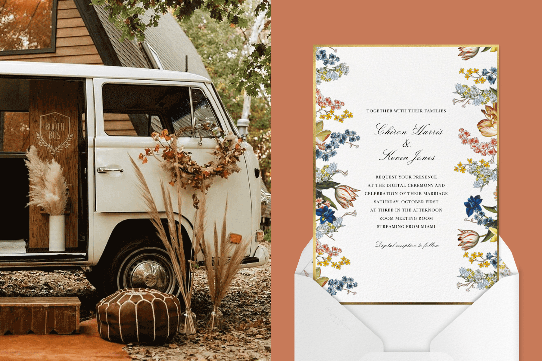 Left: A vintage bus-style van with autumn decor. Right: A wedding invitation with a delicate yet colorful floral border and gold foil.