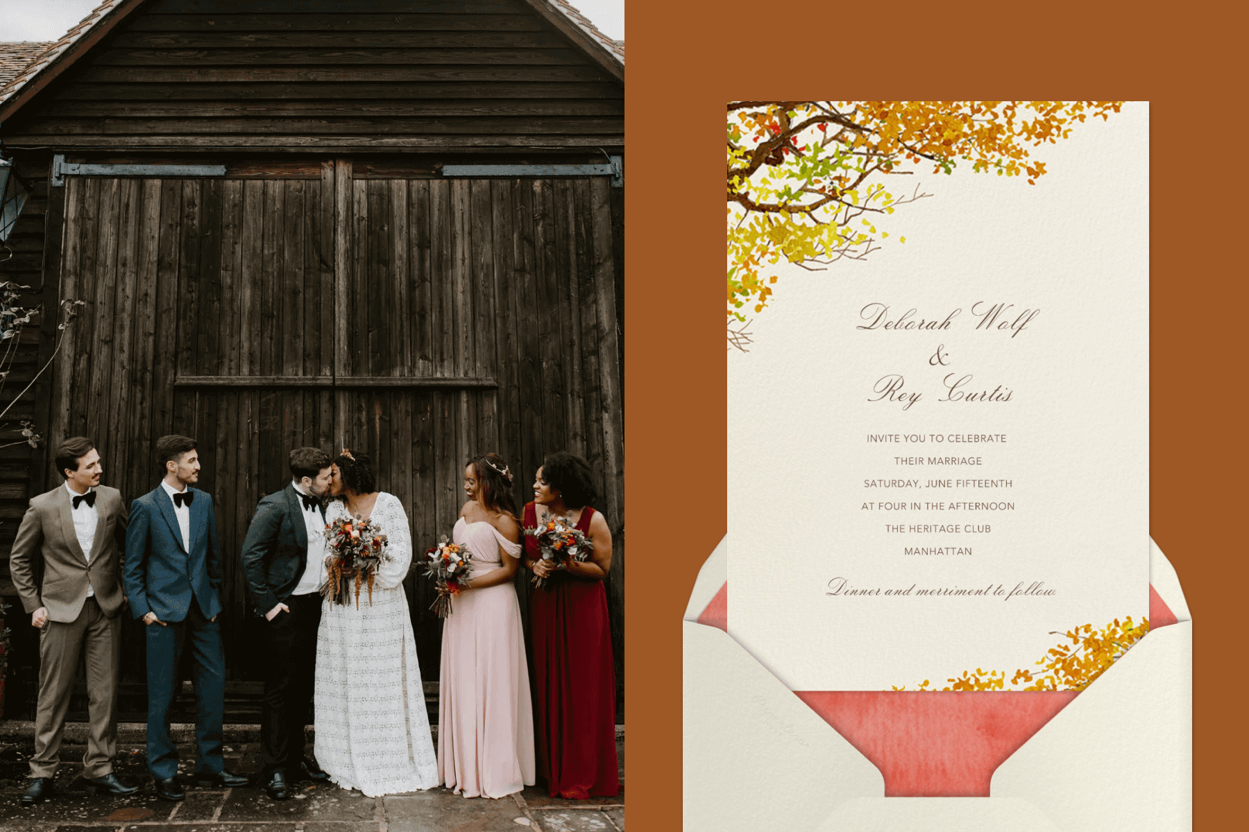 left: A man and woman kiss in front of a barn while their wedding party members look on. Right: A wedding invitation with autumnal leaves on a tree branch in the upper left corner.