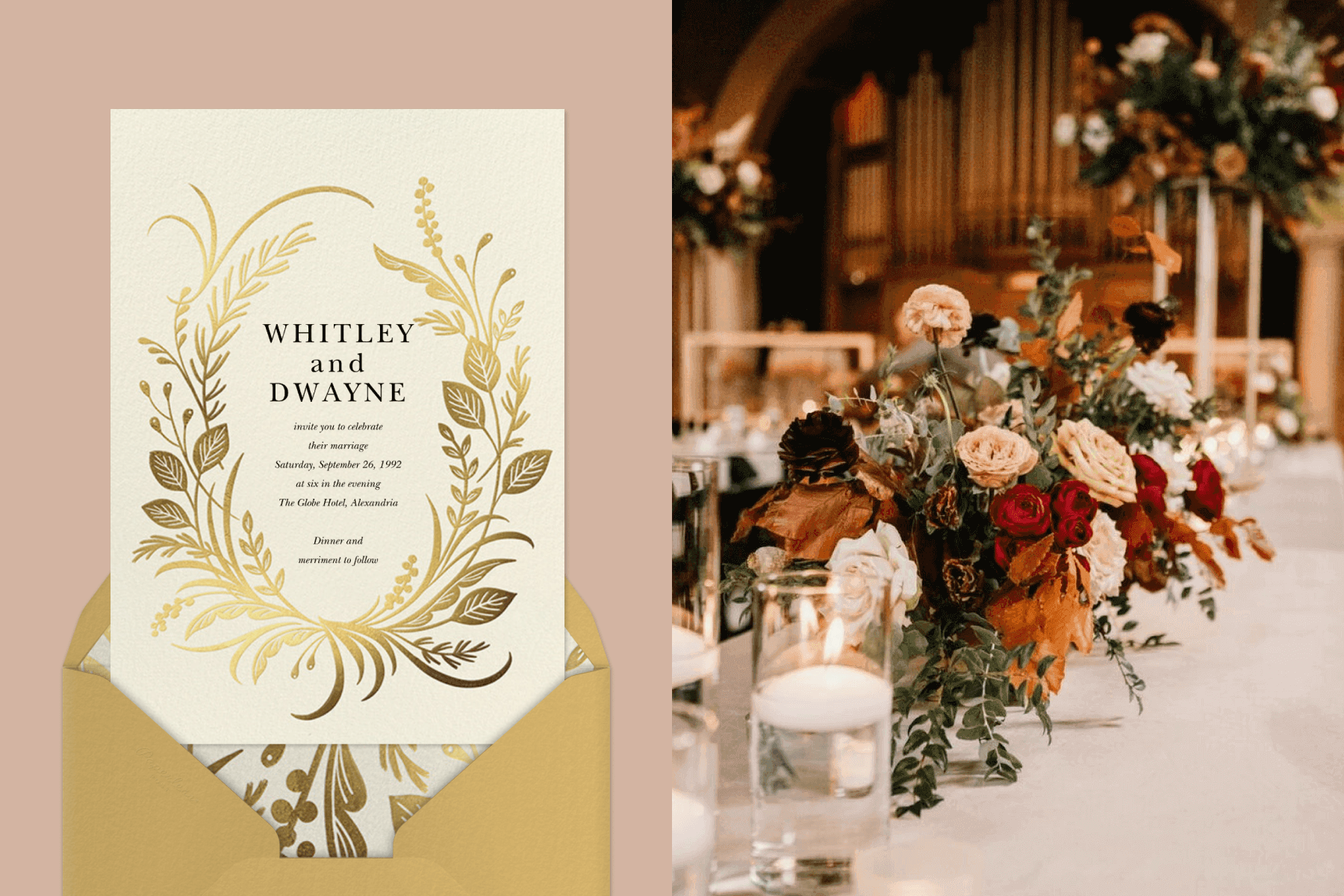 left: A wedding invitation with a gold foil wreath of leaves and grasses. Right: An autumnal floral table centerpiece.