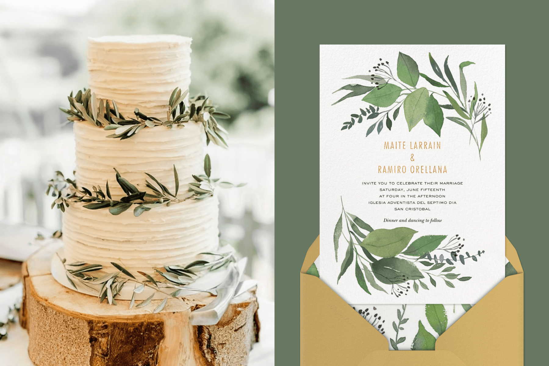 left: A white three-tiered wedding cake decorated with olive branches. Right: A wedding invitation with green watercolor leaves.