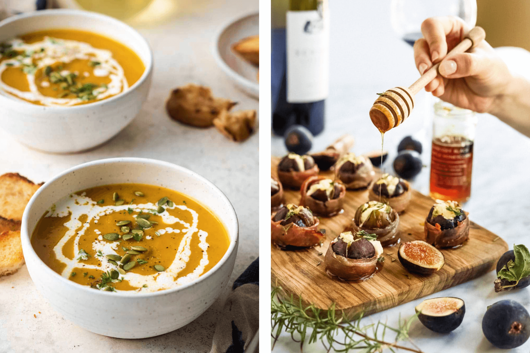 Left: Two bowls of butternut squash soup; Right: A hand dribbling honey on bacon-wrapped figs.