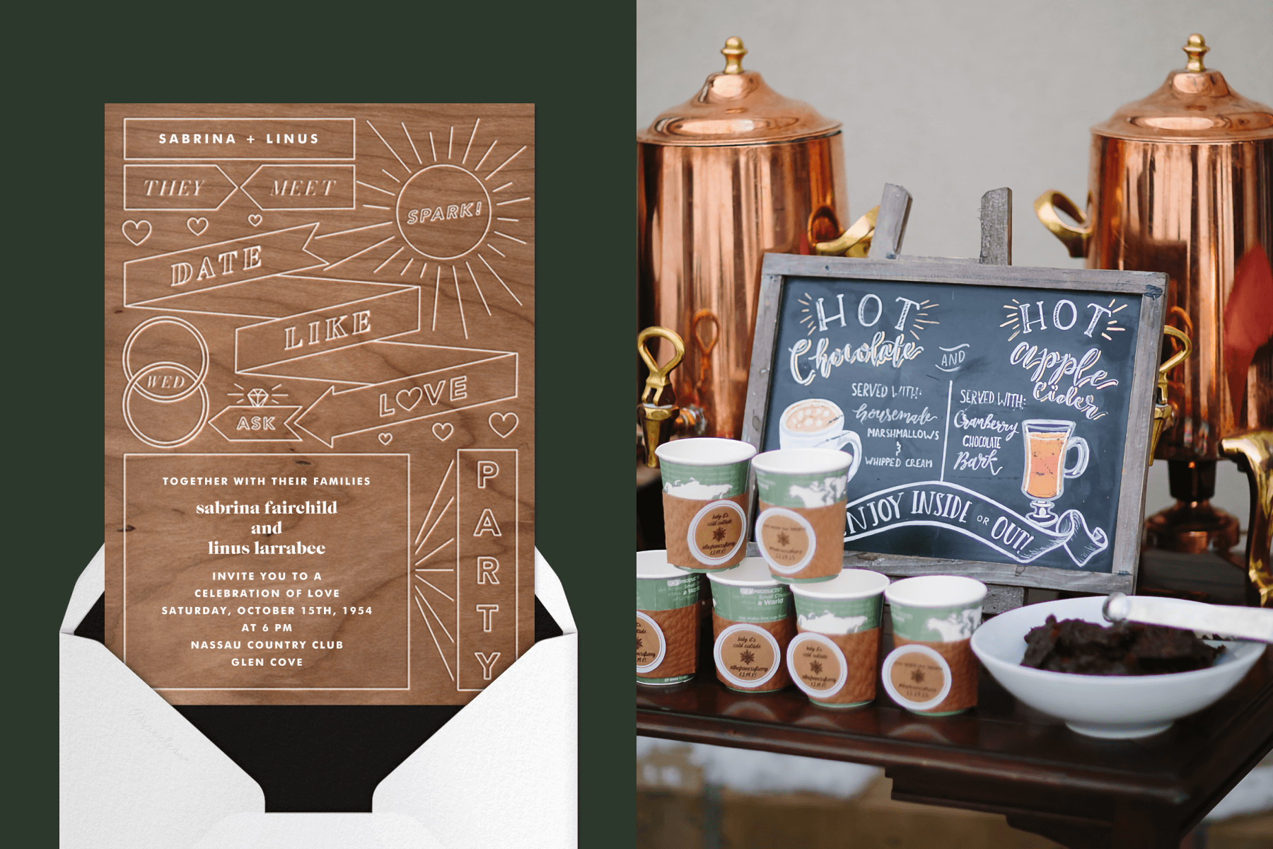 Left: A wood grain wedding invitation with etched details. Right: A hot chocolate bar with a chalkboard and copper drink dispensers.