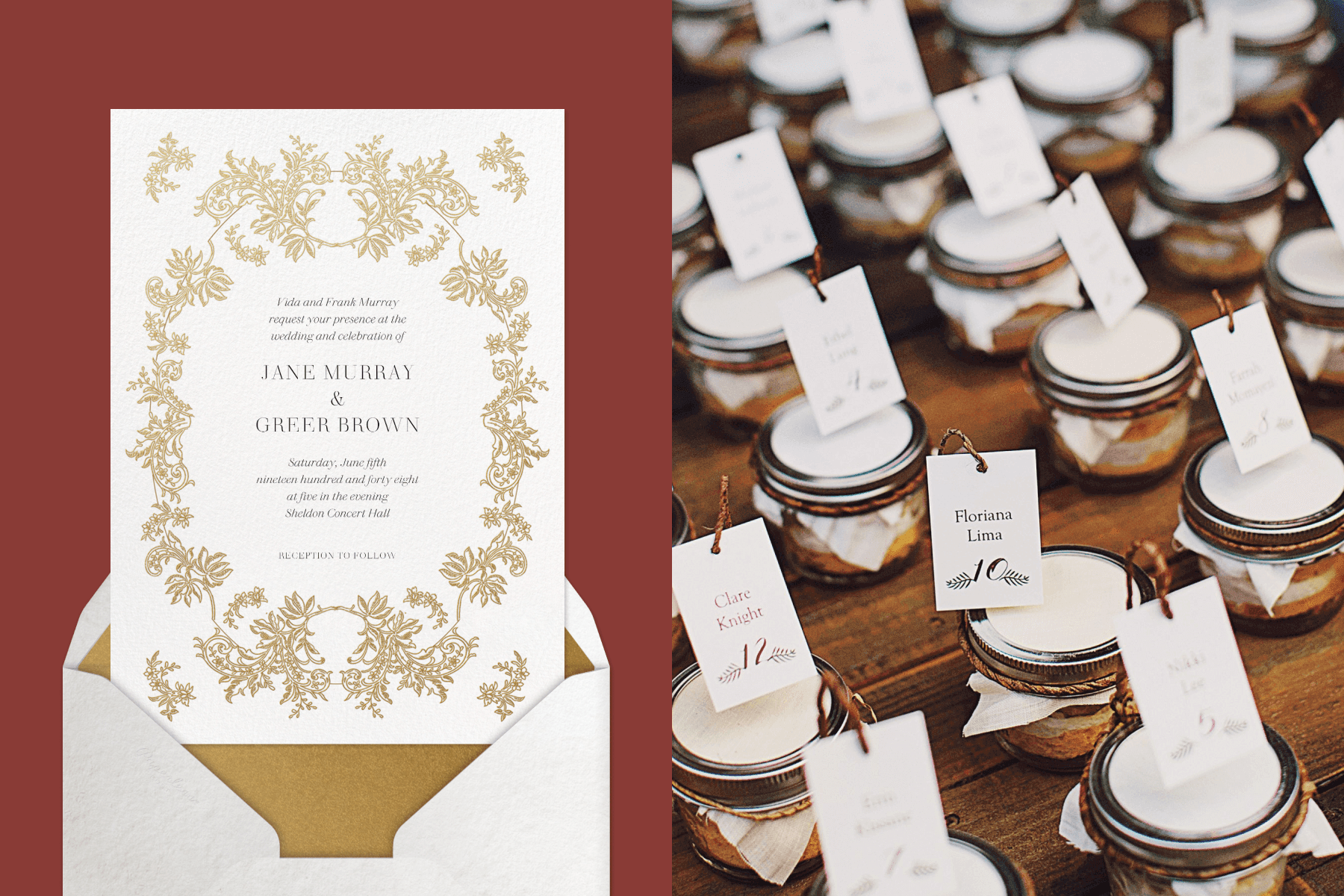Left: A wedding invitation with gold filigree flowers; Right: A table of place cards attached to mason jar candles.