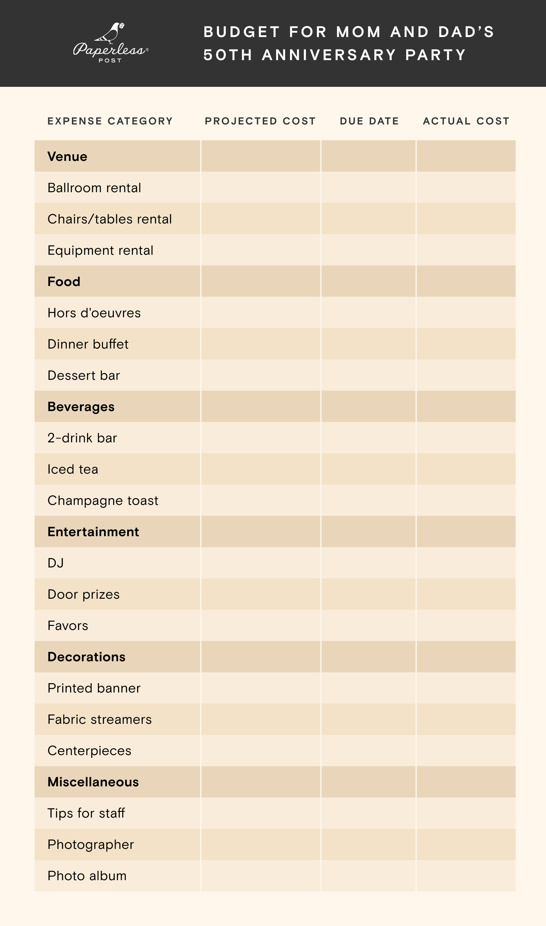 A printable budget planner for “mom and dad’s 50th anniversary party.”