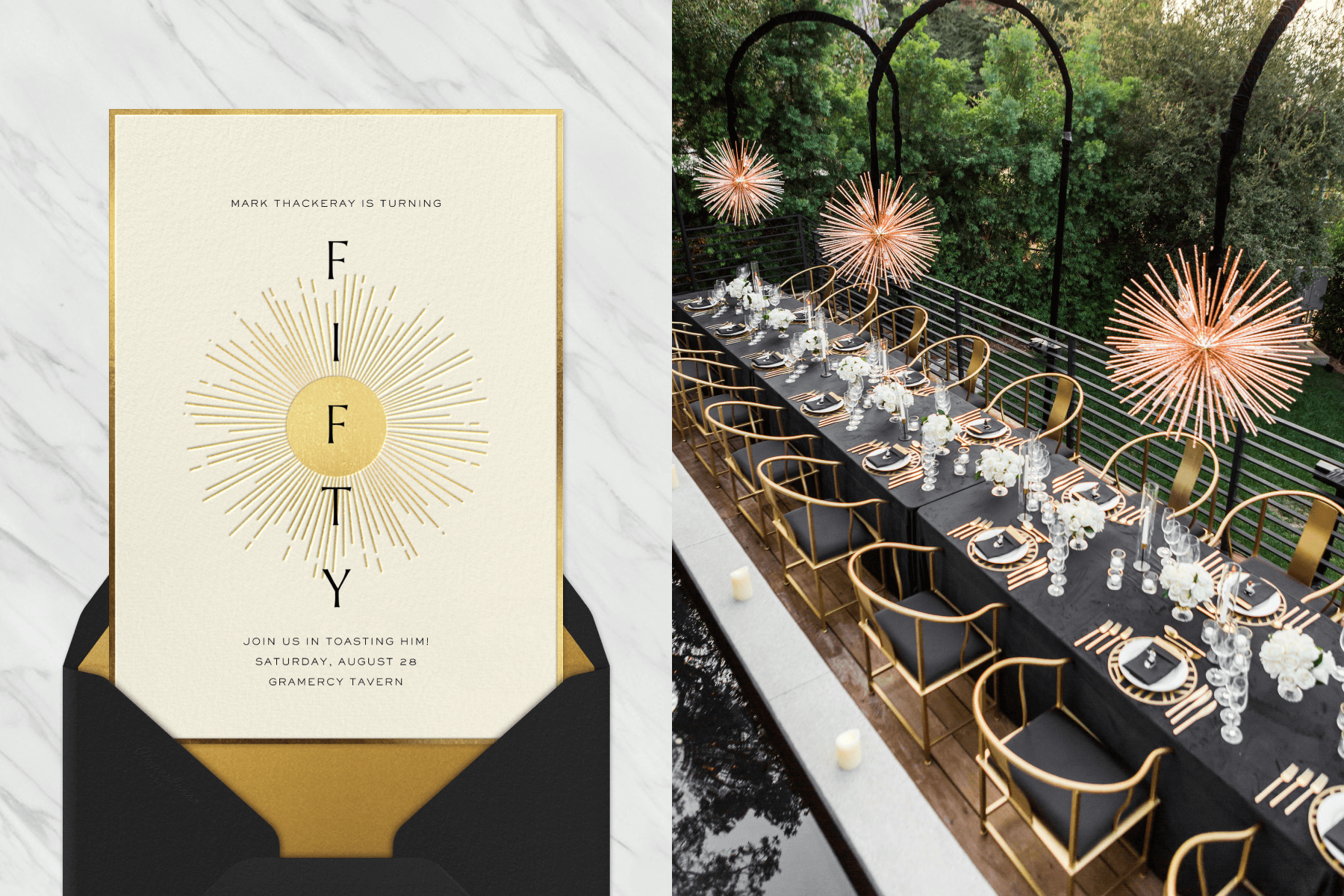 Left: A fiftieth birthday party invitation with a thin gold border and a sunburst in the center with a black envelope and gold liner. Right: A black banquet table near a pool with gold metal cushioned chairs has gold silverware and chargers and starburst-style lights hanging above.