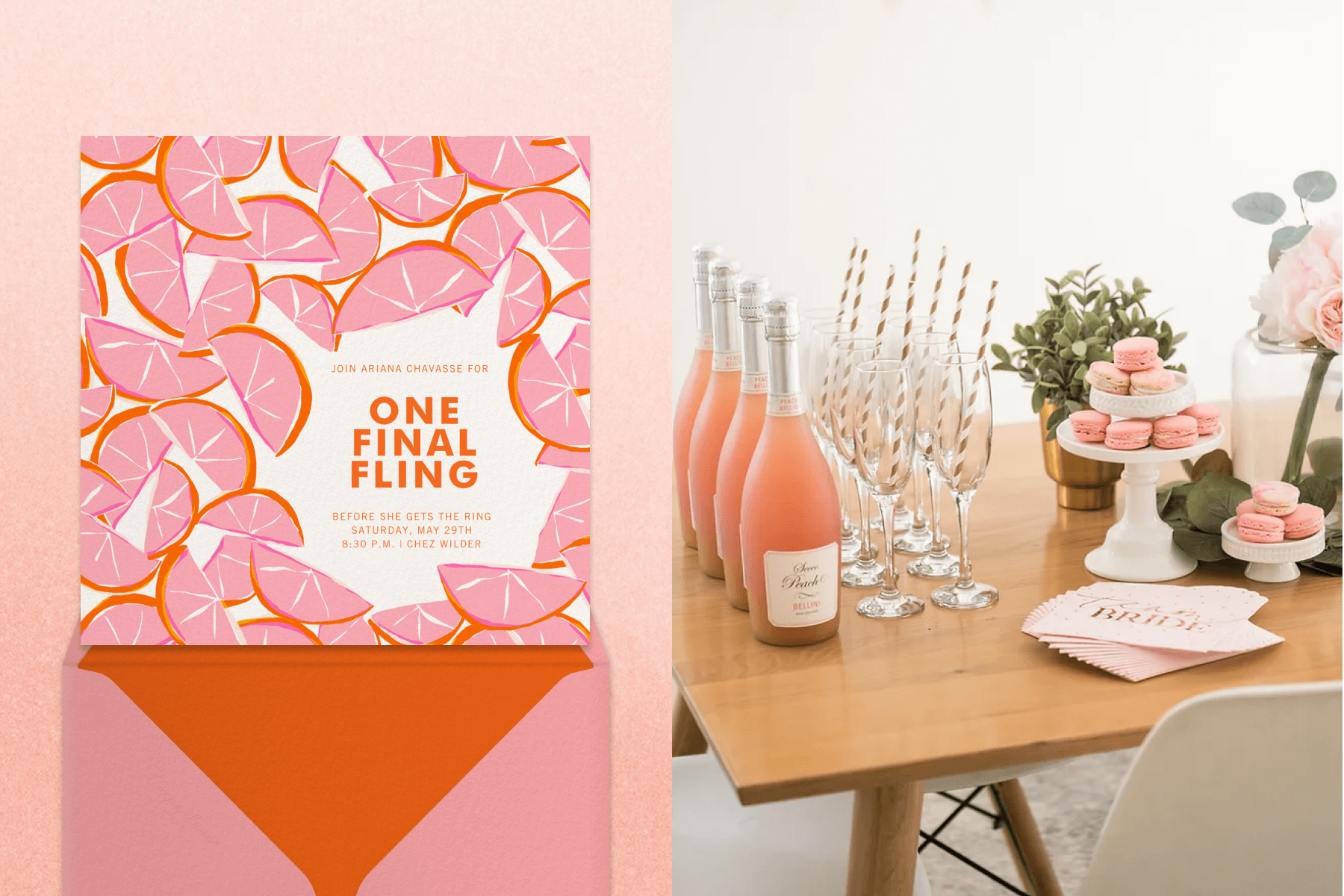 Left: An invitation for “One Final Fling” with overlapping illustrated citrus fruit pieces in pink and orange. Right: A wooden table is ready for a bachelorette party with bottles of pink wine, glasses with straws, “team bride” napkins, and pink macarons.