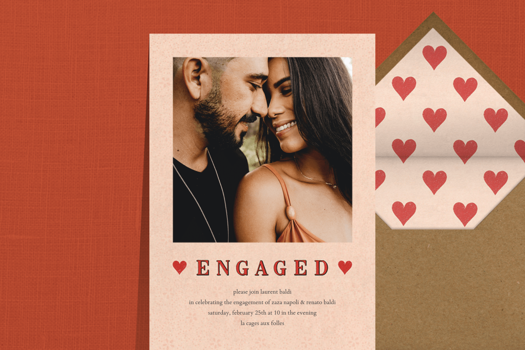 engagement party invitation with a photo of a man and woman and red hearts