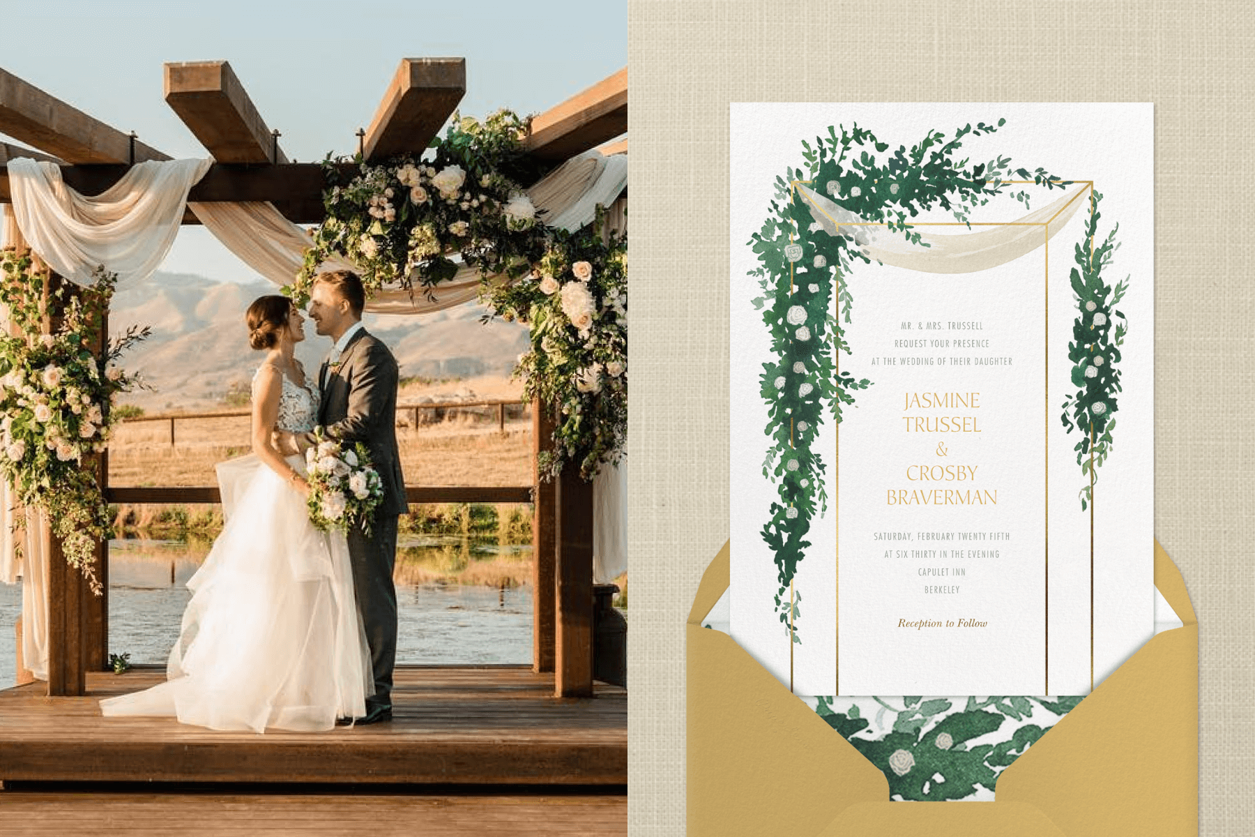 Left: A couple in wedding attire embrace under a wooden wedding arbor. Right: A wedding invitation with a chuppah and greenery trailing off it.