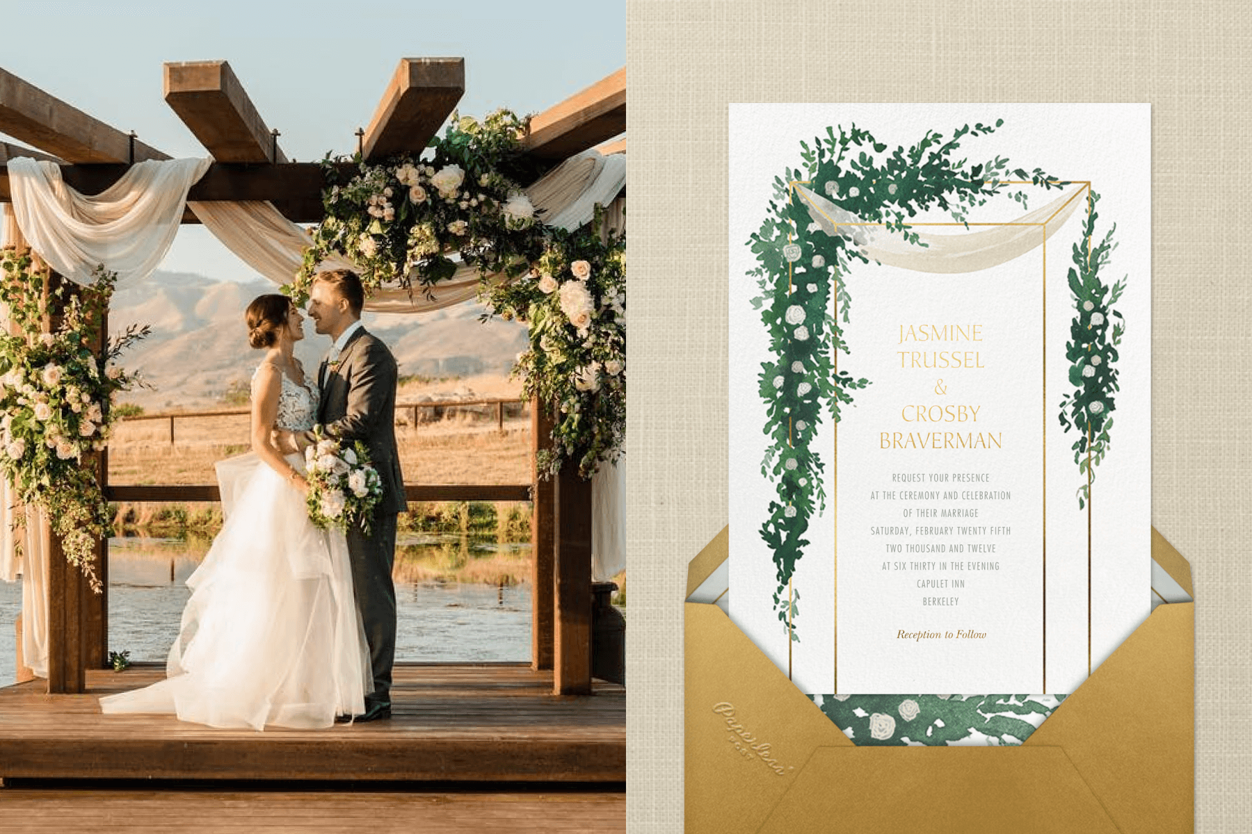 Left: couple in wedding attire embrace under a wooden wedding arbor. Right: wedding invitation with a chuppah and greenery trailing off it