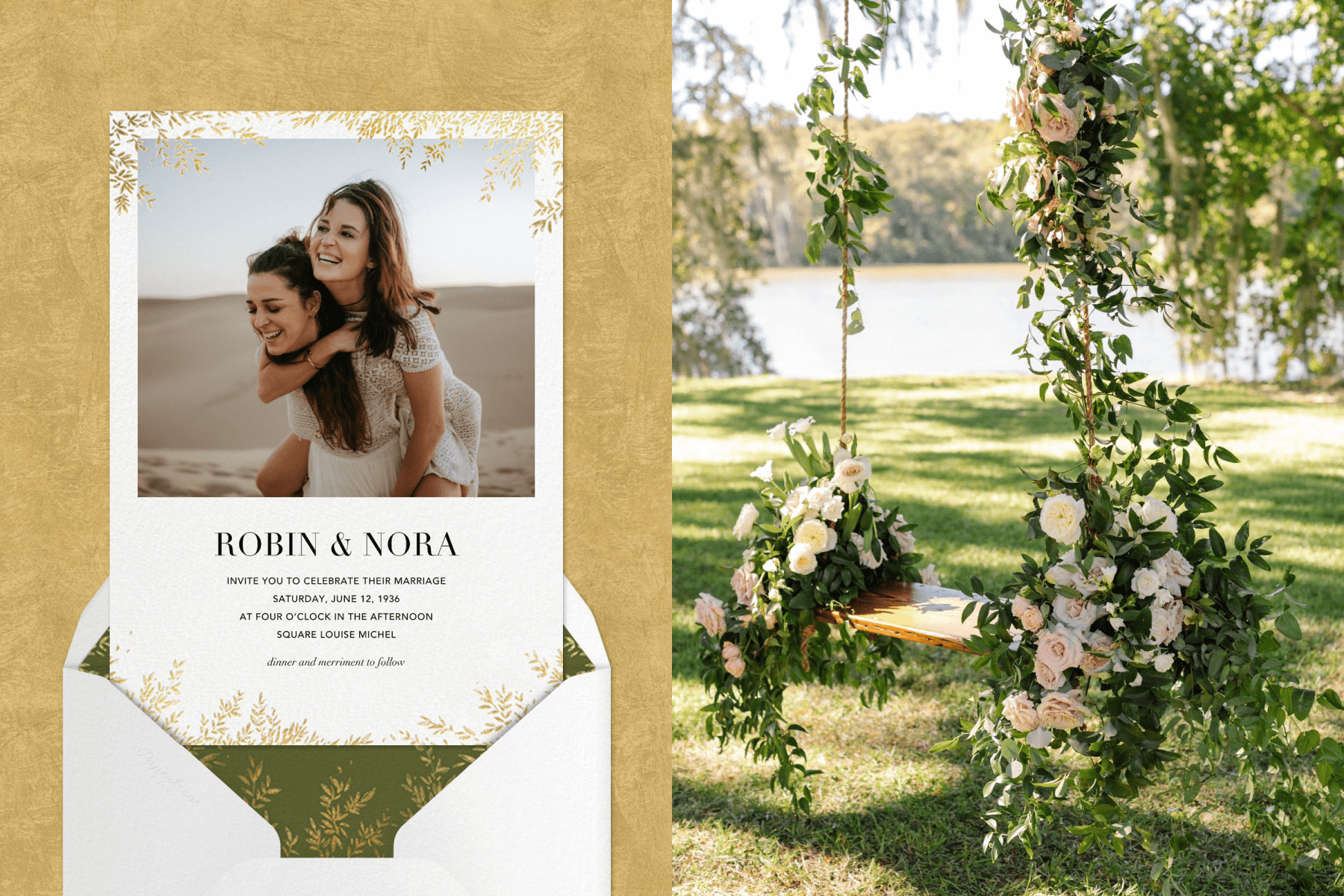 left: A wedding invitation with a couple of women giving each other a piggy back ride. Right: An outdoor wooden swing with roses installed on the ropes.