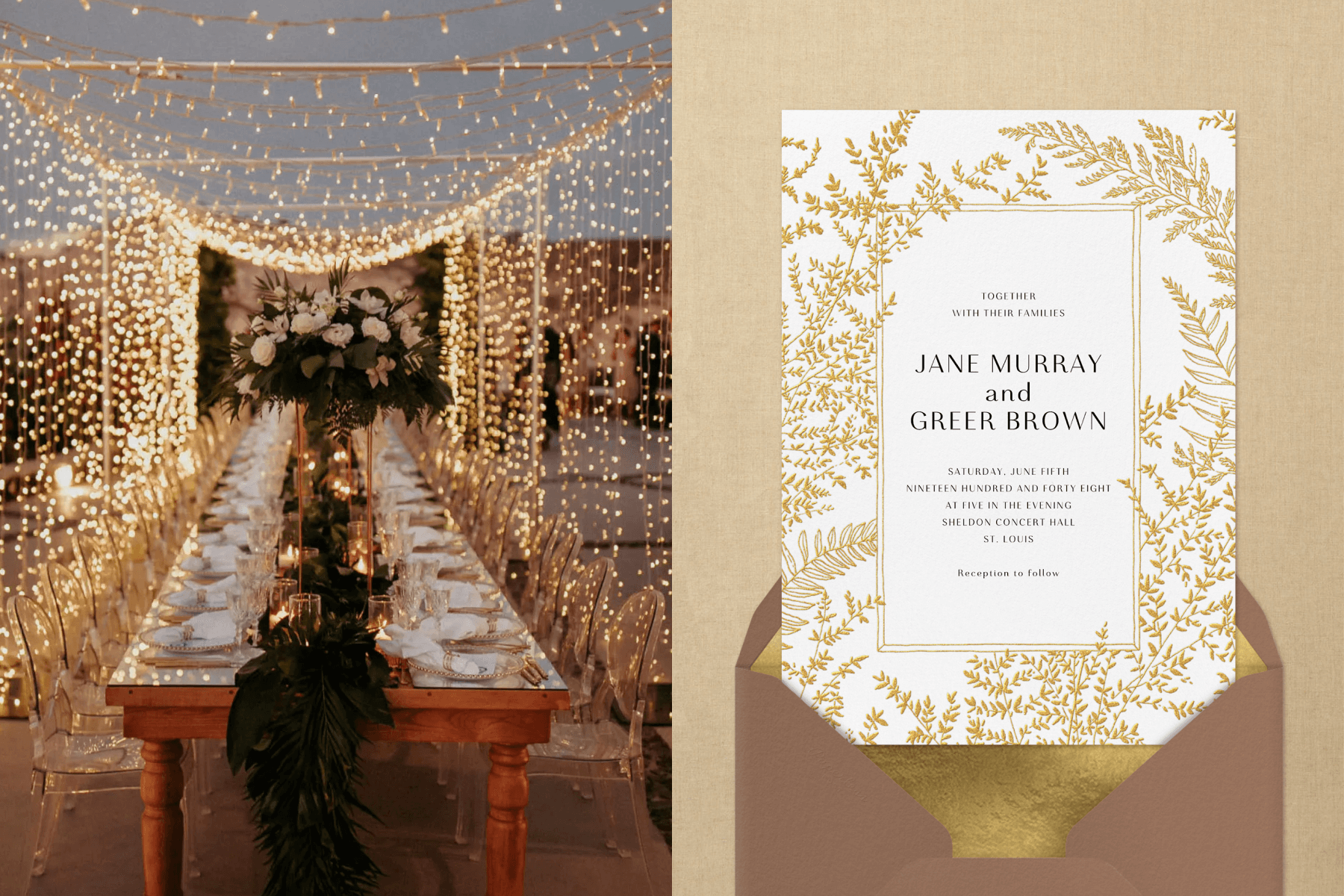 Left: A long wooden table with string lights draped above it.