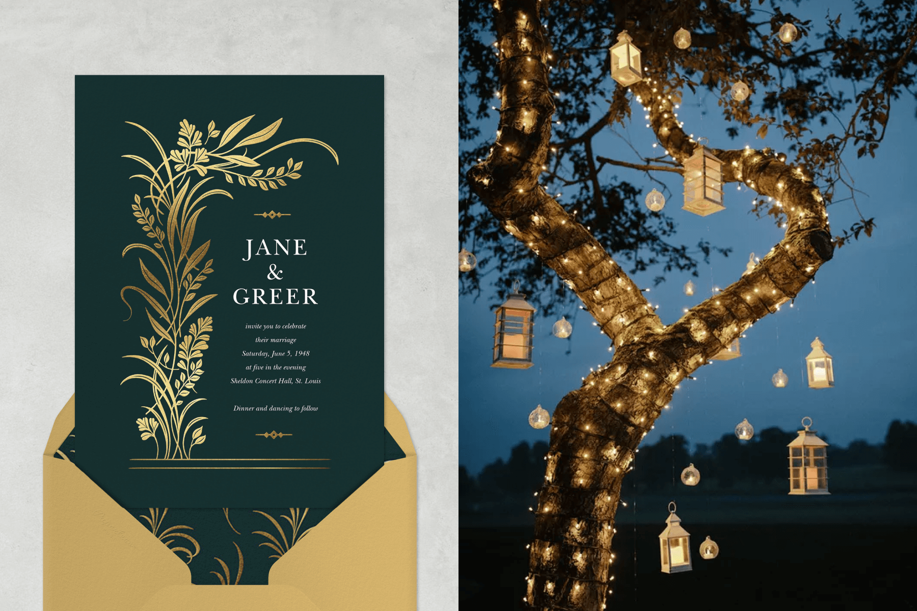 Left: A forest green wedding invitation with gold greenery to the left. Right: A tree in the evening wrapped with string lights and lanterns.