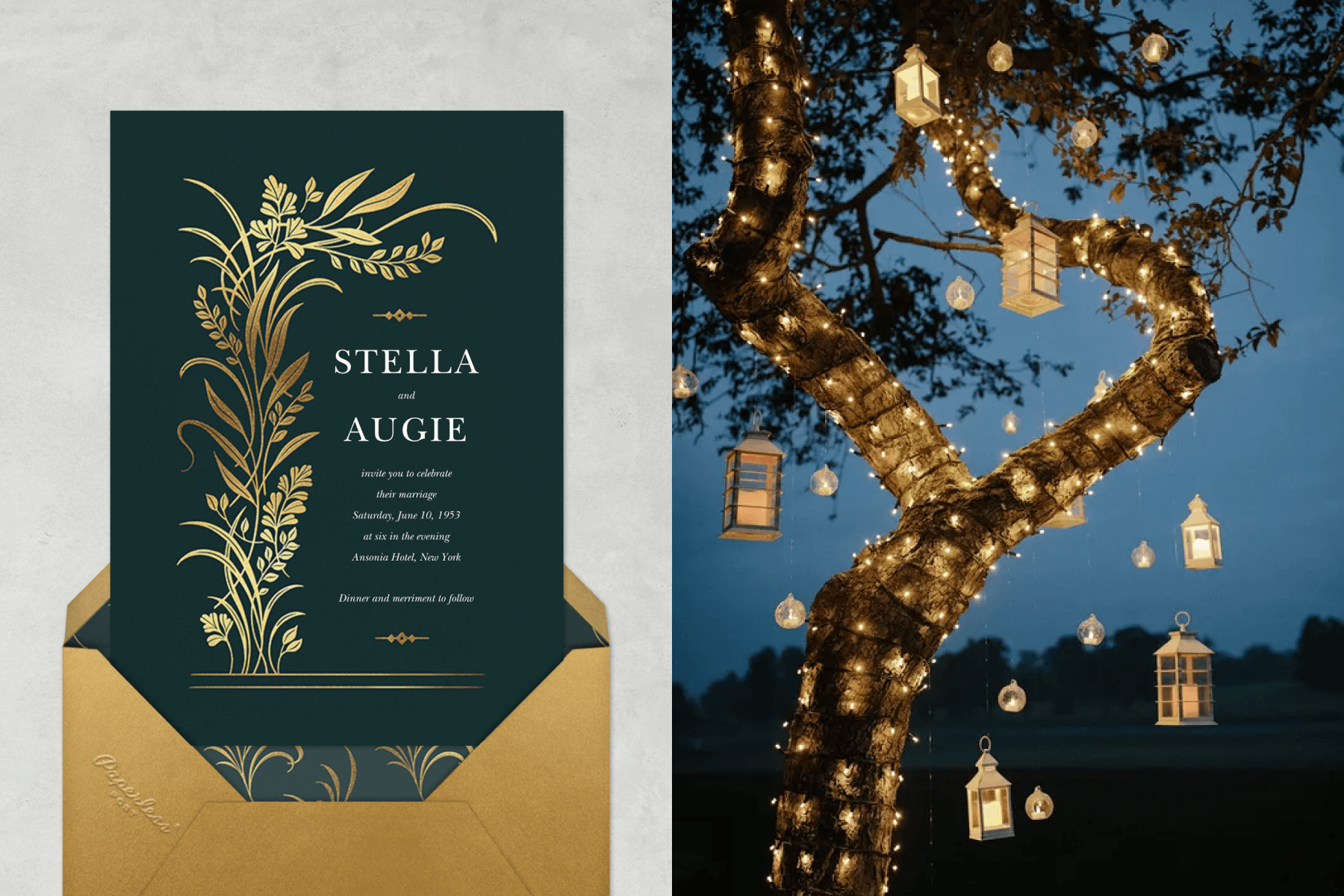 Left: forest green wedding invitation with gold greenery to the left. Right: tree in the evening wrapped with string lights and lanterns