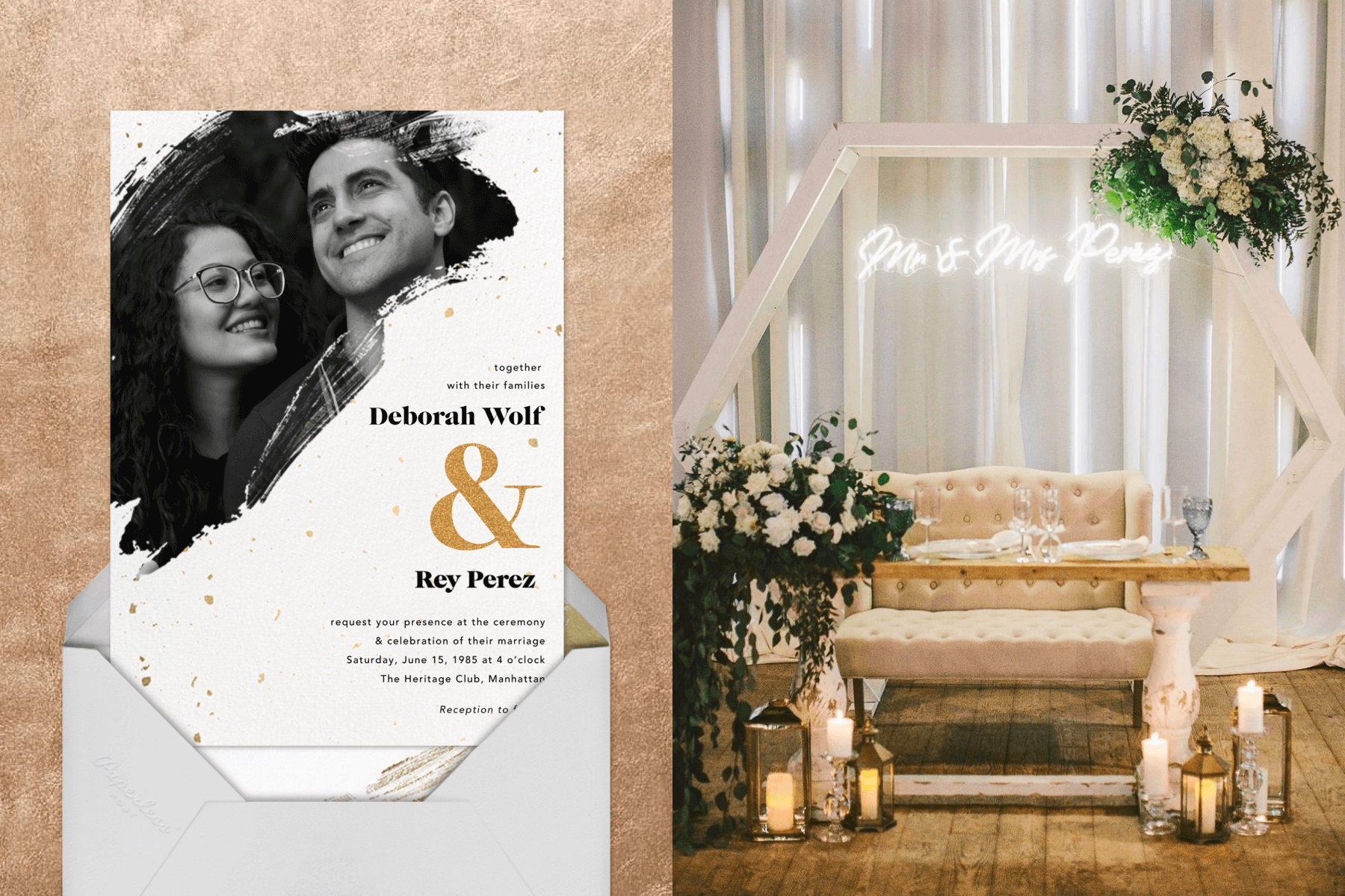 Left: wedding invitation with a black and white picture of a man and woman in a painterly border. Right: sweetheart loveseat table with a hexagonal arbor and a neon name sign