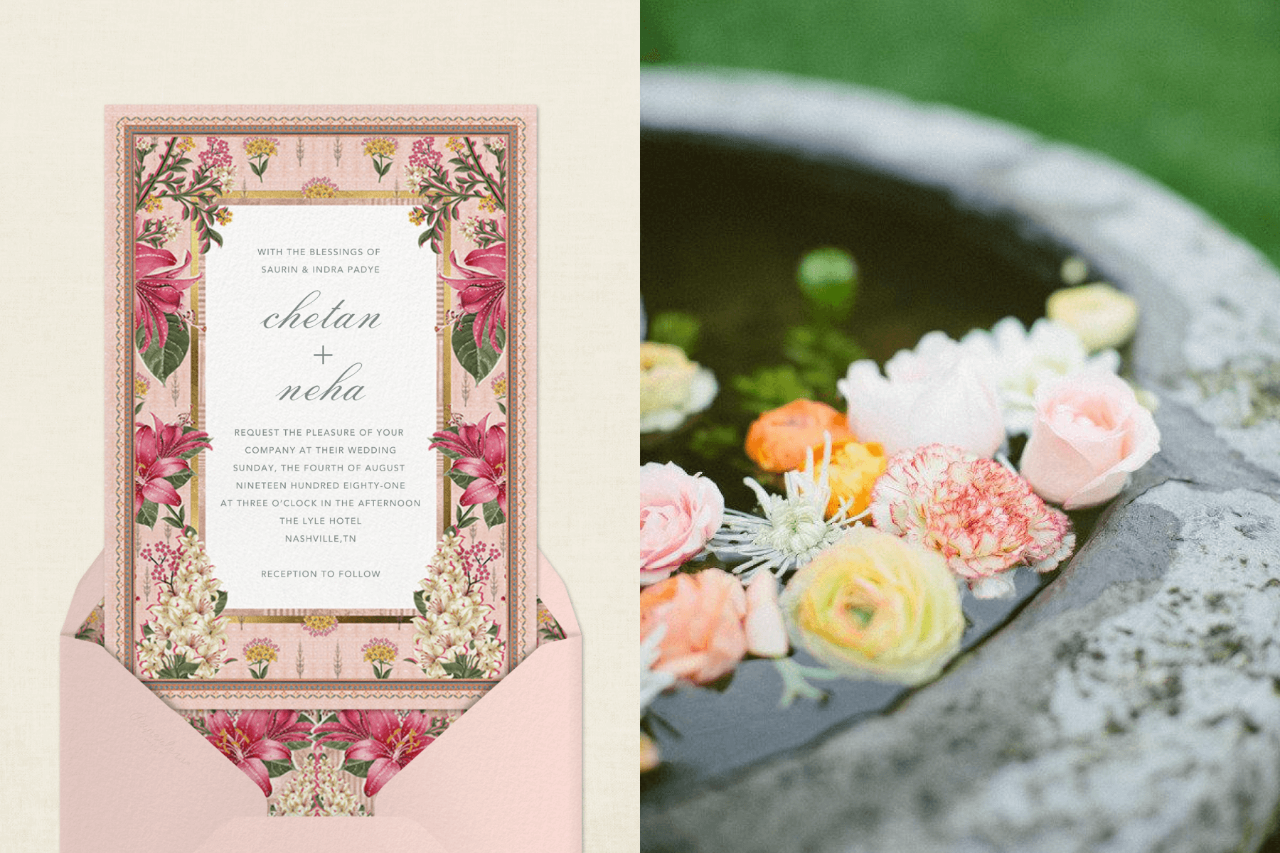 Left: A wedding invitation with an ornate pink floral border. Right: A closeup of flowers floating in a fountain.
