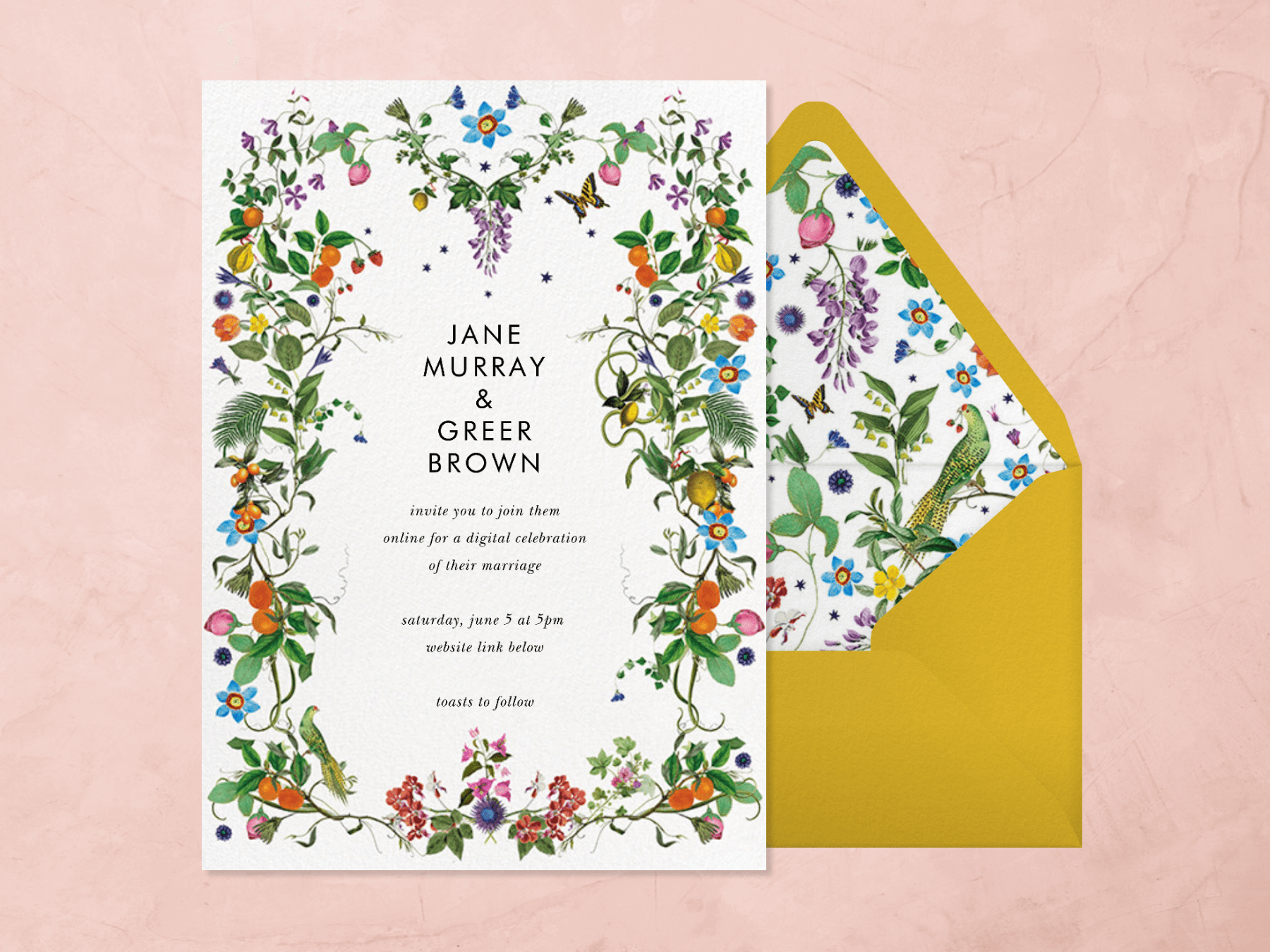 A wedding invitation with delicate yet ornate colorful flowers, fruit, and butterflies around the border.