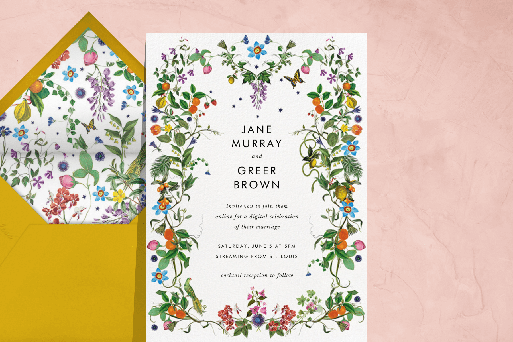 wedding invitation with delicate yet ornate colorful flowers, fruit, and butterflies around the border