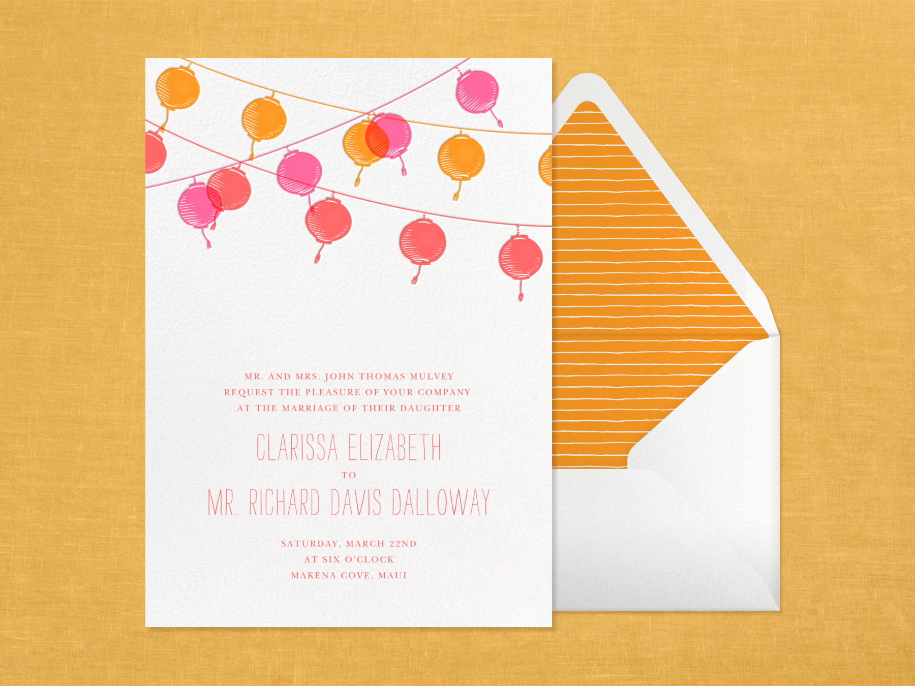 A wedding invitation with orange, pink, and red paper lanterns at the top.