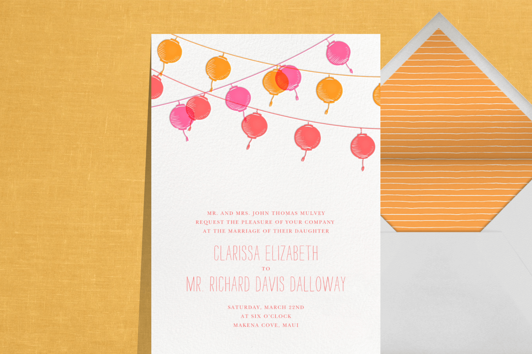 wedding invitation with orange, pink, and red paper lanterns at the top