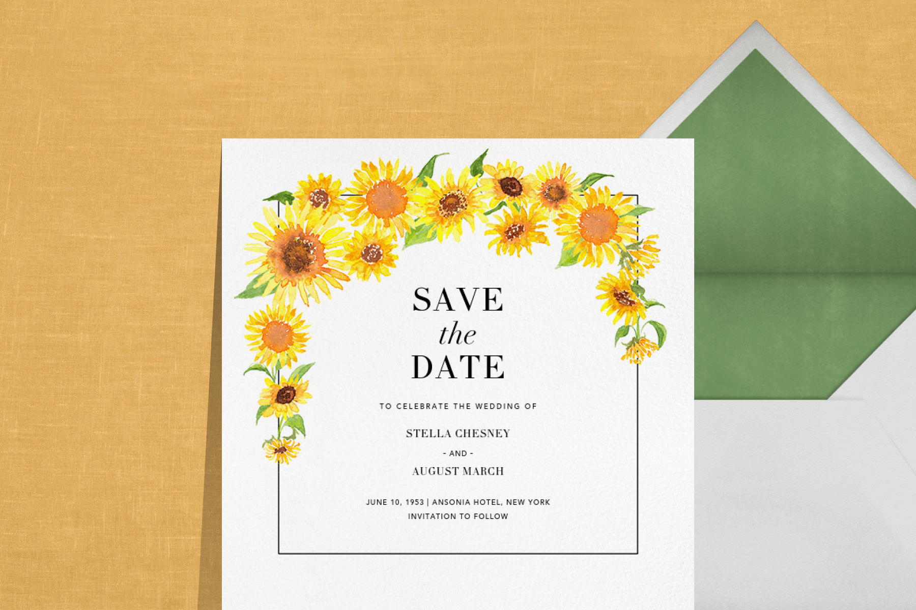 A save the date with a sunflower border.
