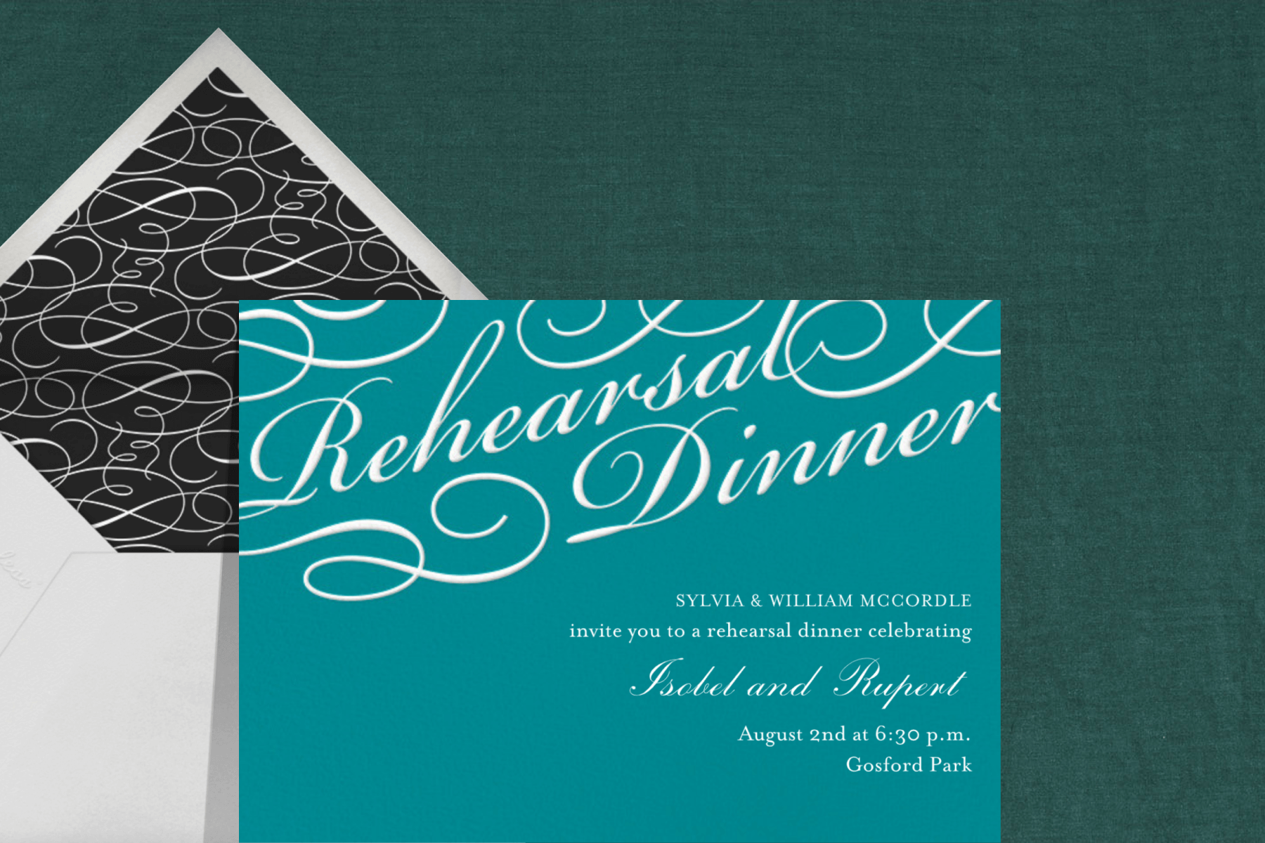 A rehearsal dinner invitation with white script on a turquoise background.