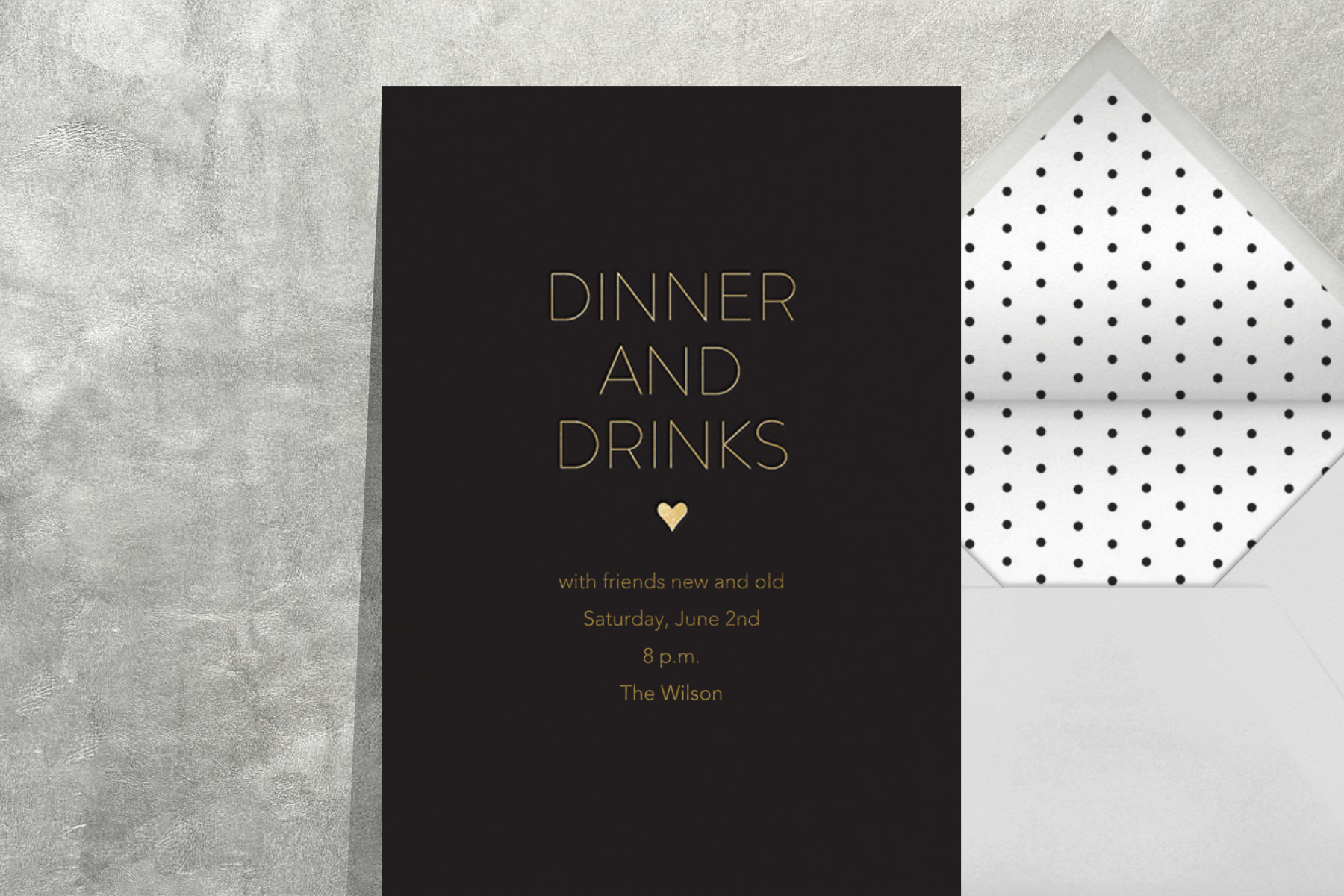 A rehearsal dinner invitation with a black background and “Dinner and drinks” in gold text.