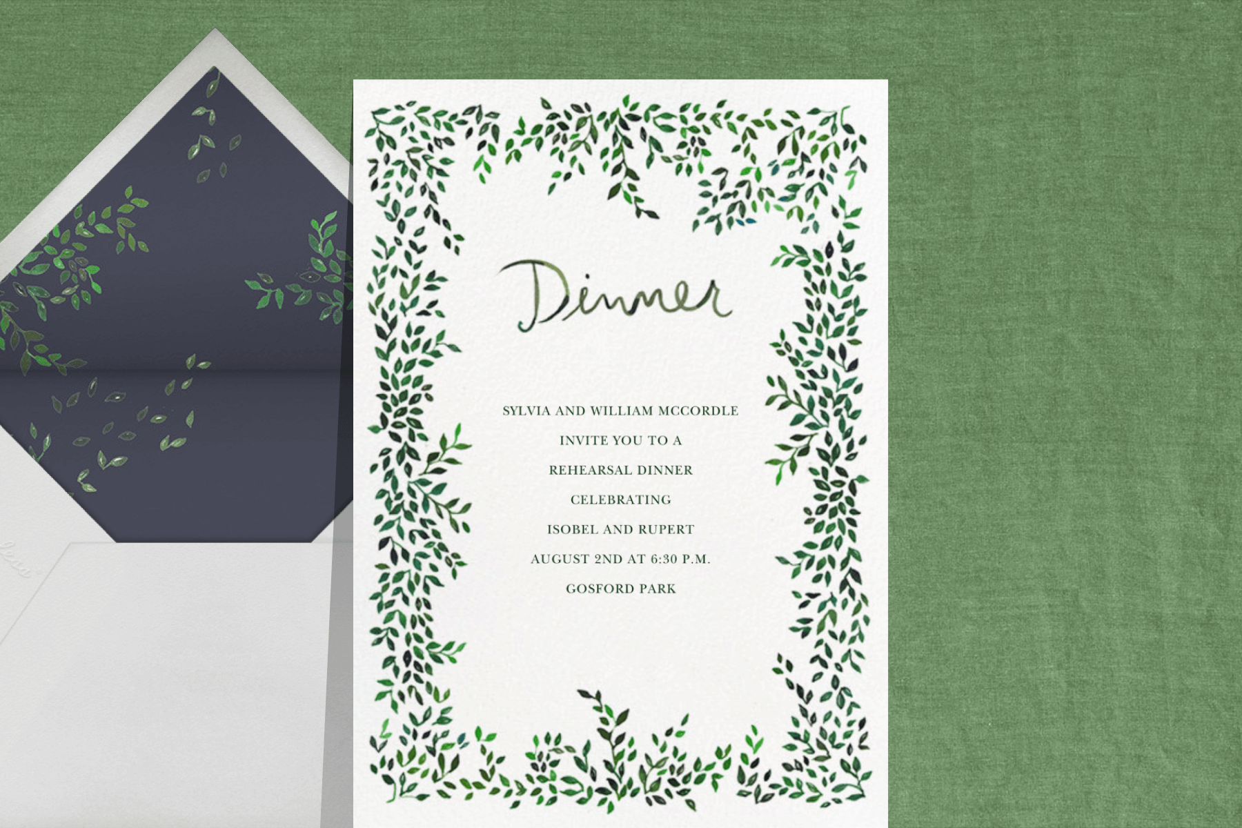 A rehearsal dinner invitation with “Dinner” in script handwriting and greenery on the border.