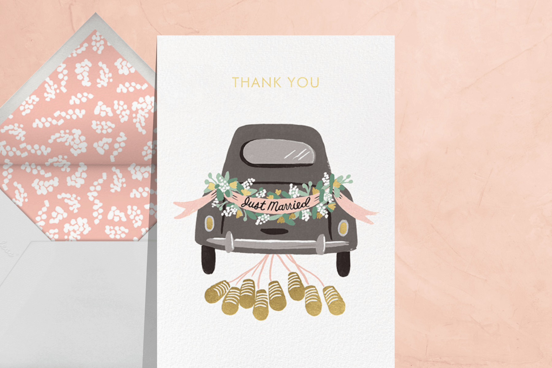 A thank you card with a painting of a truck with a “just married” banner and cans.