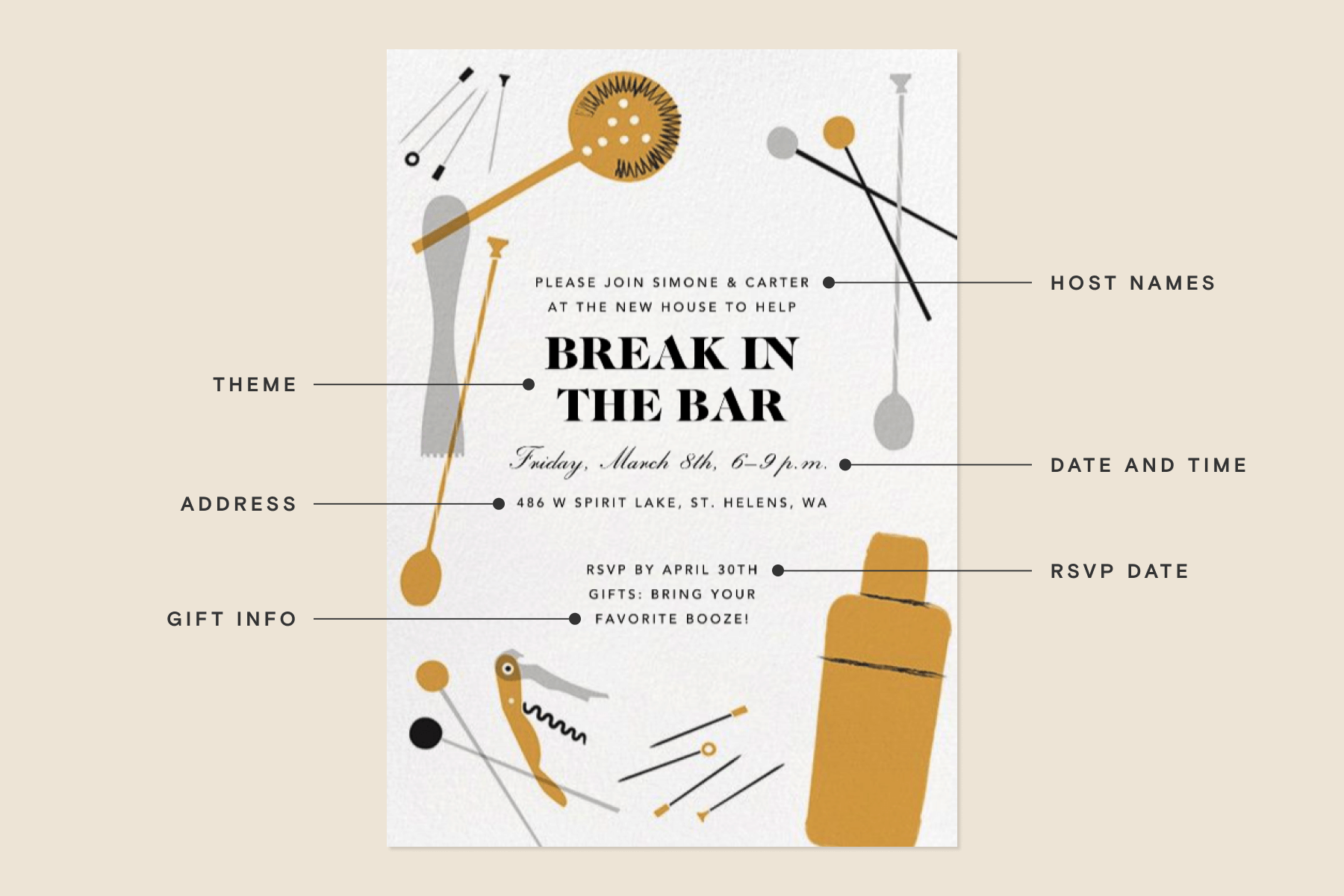 An invitation to “Break in the bar” has simplified illustrations of home bar tools like a shaker, strainer, and olive picks. An infographic element breaks down different aspects of the invitation, such as host names, theme, address, date and time, and RSVP date.
