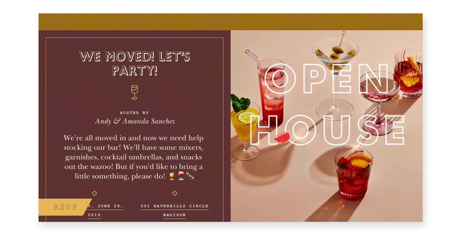 An online invite reads “We moved! Let’s party!” on the left, and on the right is an animated gif of several colorful cocktails with rotating shadows and the words “Open house bar” (with the word “house” crossed out in a red streak).