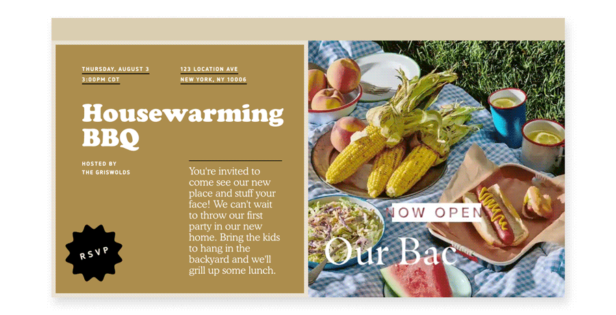 An online invite for a “Housewarming BBQ” has an animated gif of summer cookout foods (corn on the cob, hot dogs, etc) on a blue plaid picnic blanket and the words “Now open: Our Backyard.”