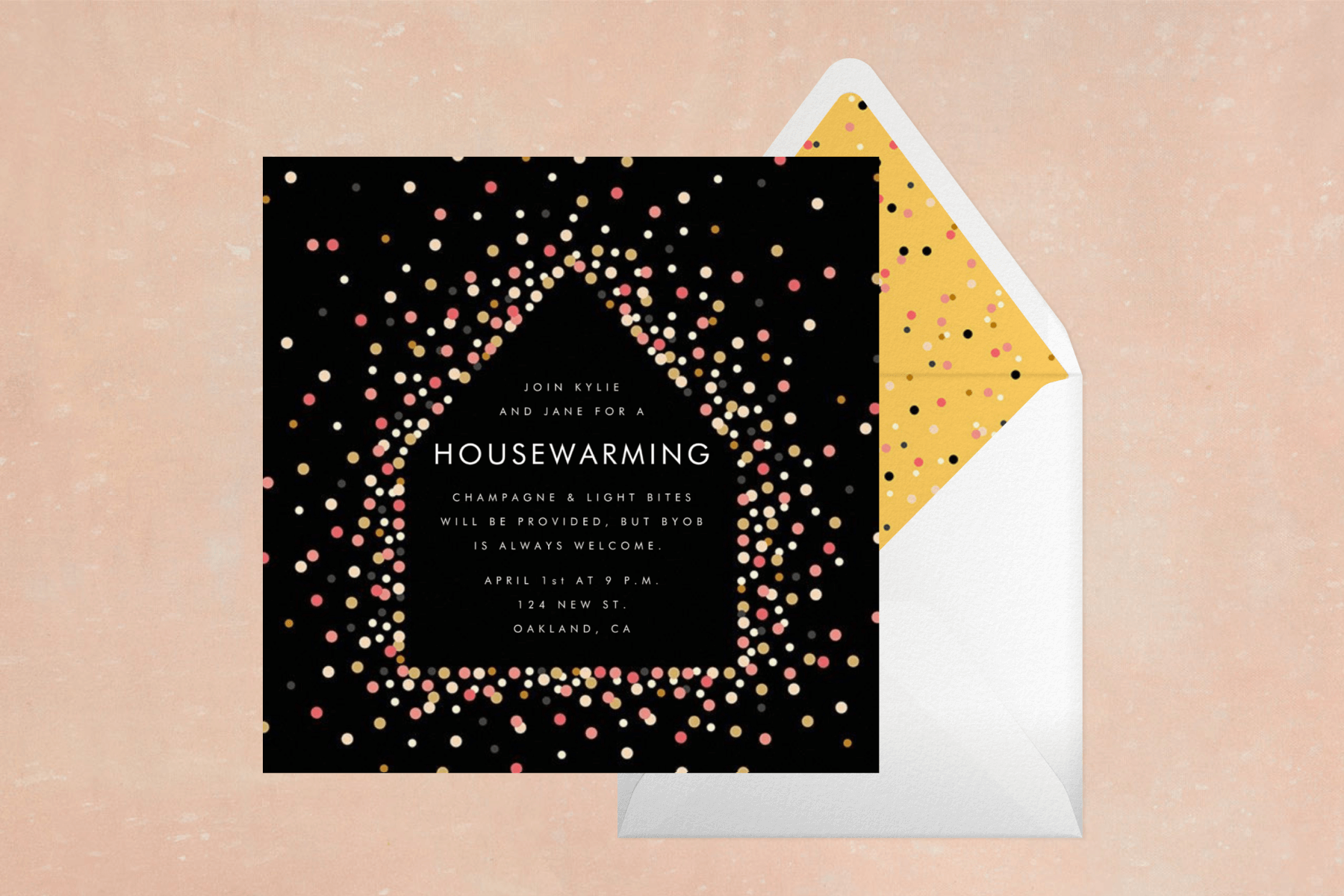 A black, square invitation for a housewarming party with colorful dots forming a simple house shape around the party details beside a white envelope with yellow polka dot liner.
